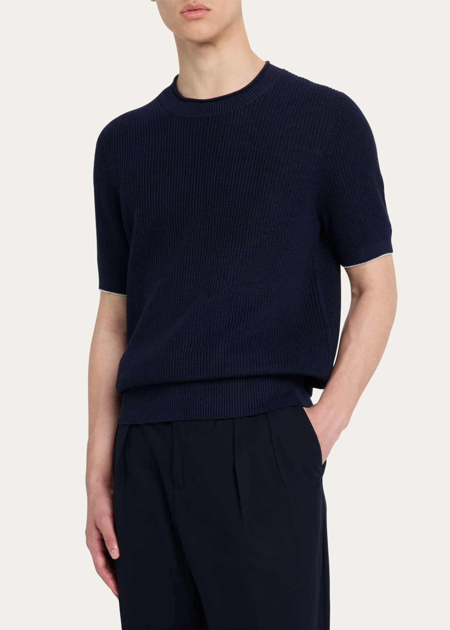 Brunello Cucinelli Men's Ribbed Linen and Cotton Short-Sleeve Crewneck Sweater Image 4 of 5
