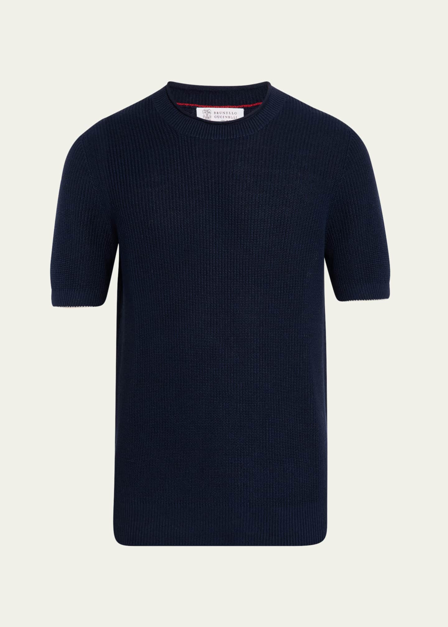 Brunello Cucinelli Men's Ribbed Linen and Cotton Short-Sleeve Crewneck Sweater Image 1 of 5