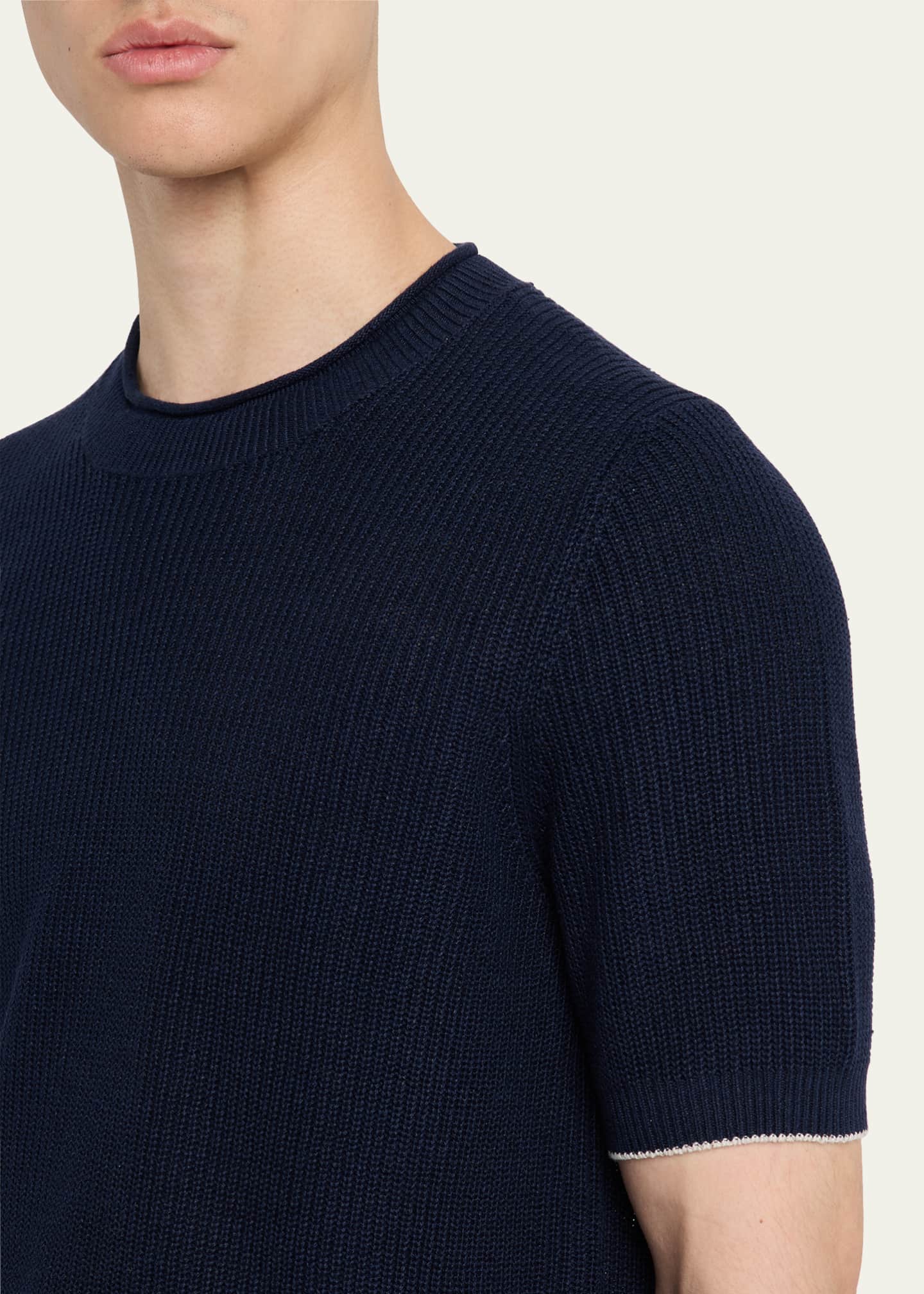 Brunello Cucinelli Men's Ribbed Linen and Cotton Short-Sleeve Crewneck Sweater Image 5 of 5