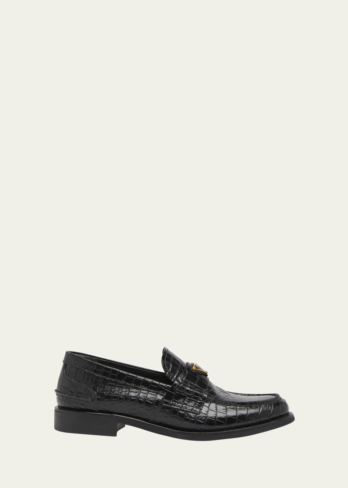 Prada Logo Croc-Embossed Leather Loafers Image 1 of 3