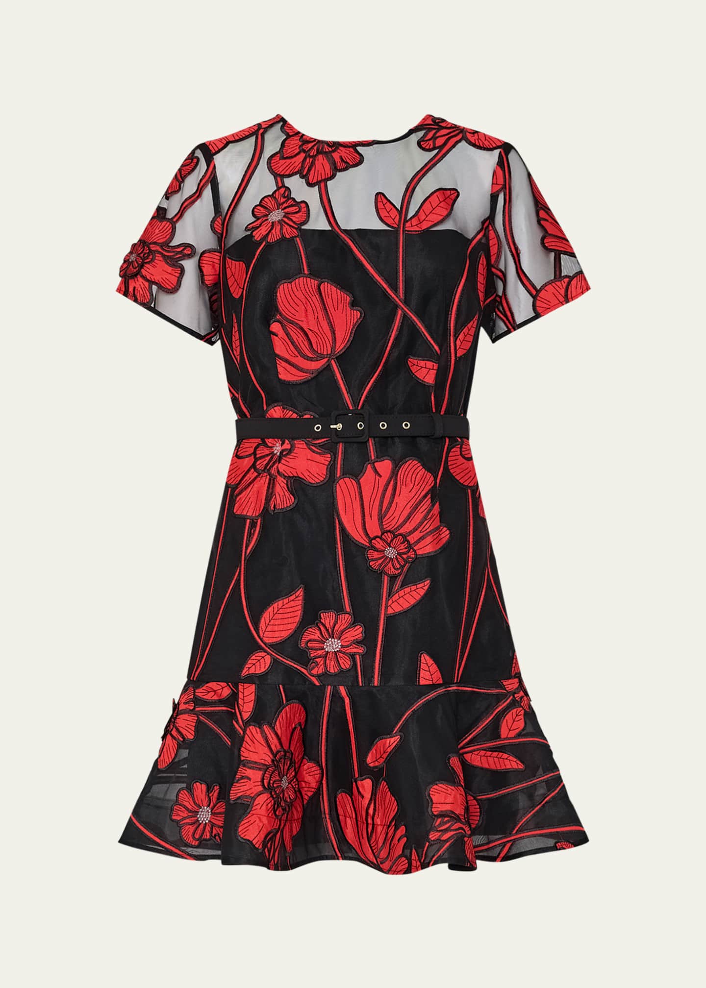 Milly Rosie Belted Floral-Embroidered Mini Dress Image 1 of 4