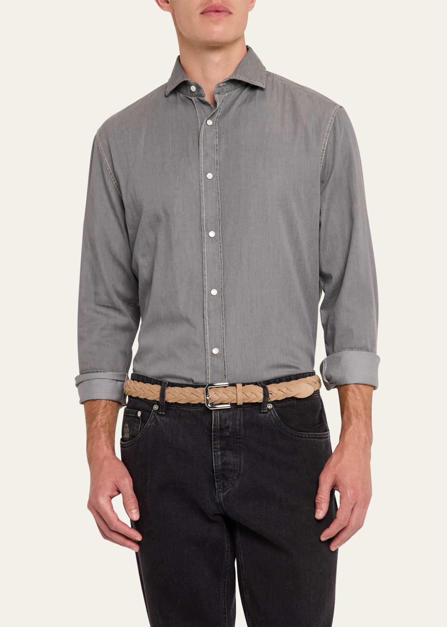 Brunello Cucinelli Men's Denim Snap-Front Sport Shirt Image 4 of 5