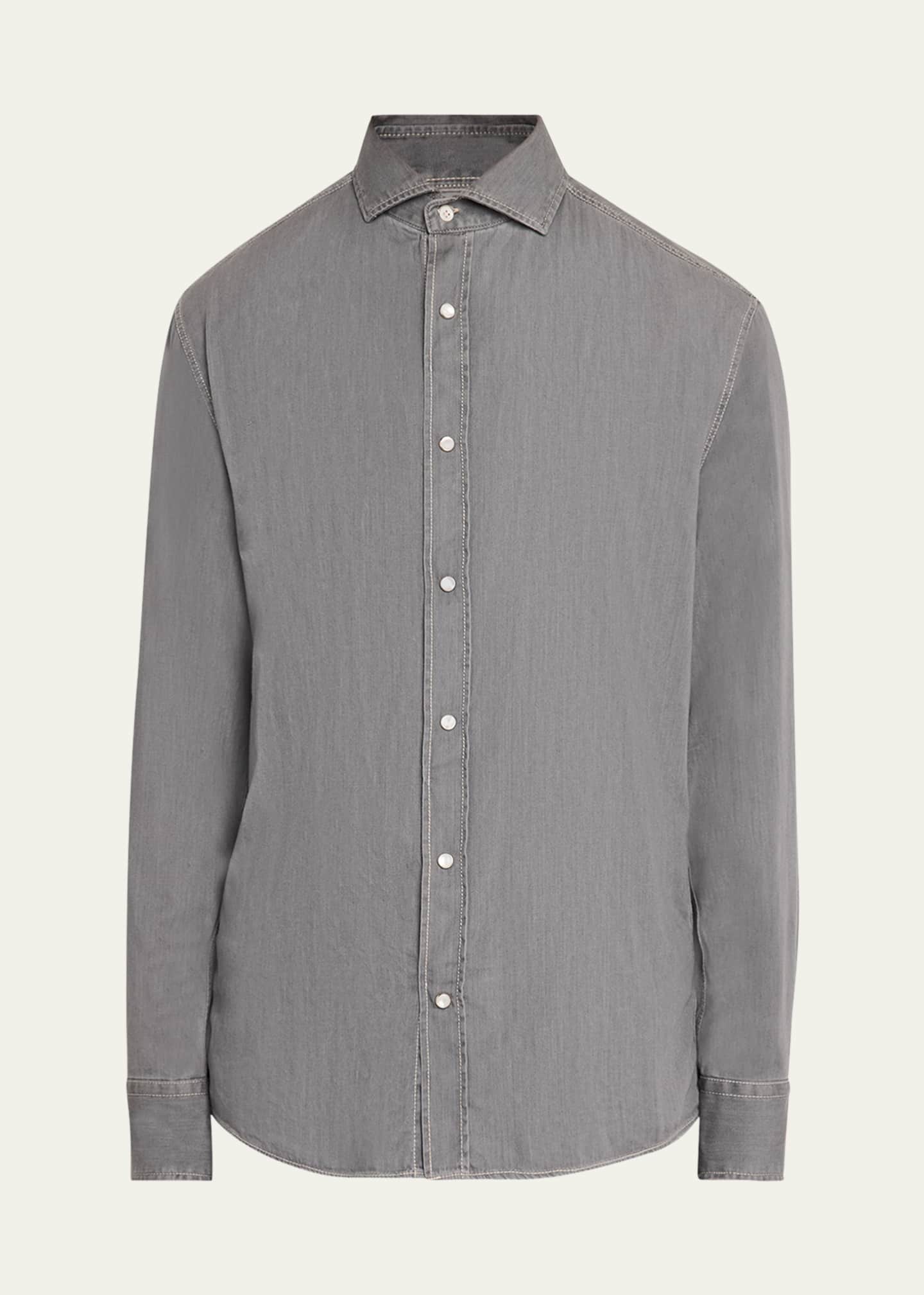 Brunello Cucinelli Men's Denim Snap-Front Sport Shirt Image 1 of 5
