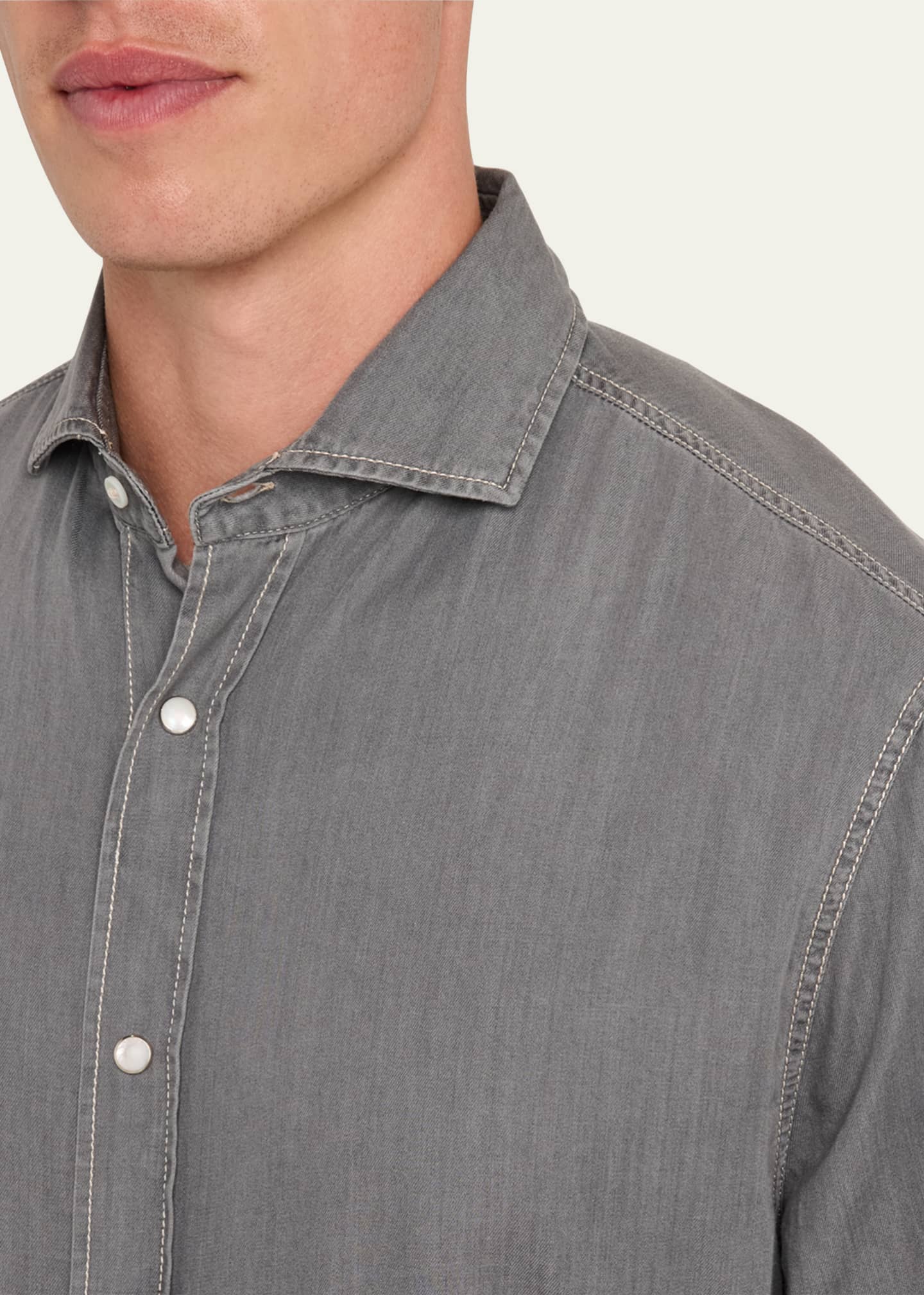 Brunello Cucinelli Men's Denim Snap-Front Sport Shirt Image 5 of 5