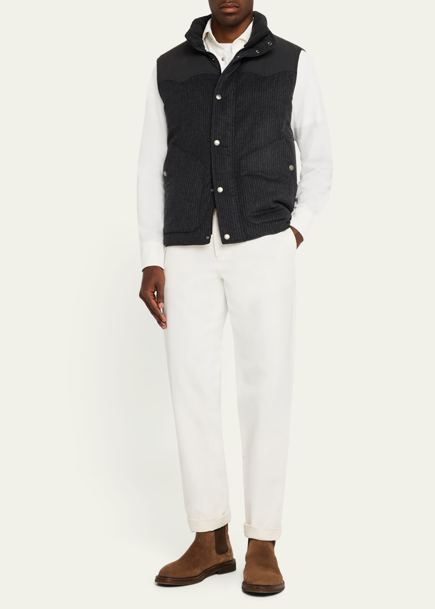 Brunello Cucinelli Men's Mixed Media Snap-Front Down Vest Image 2 of 5