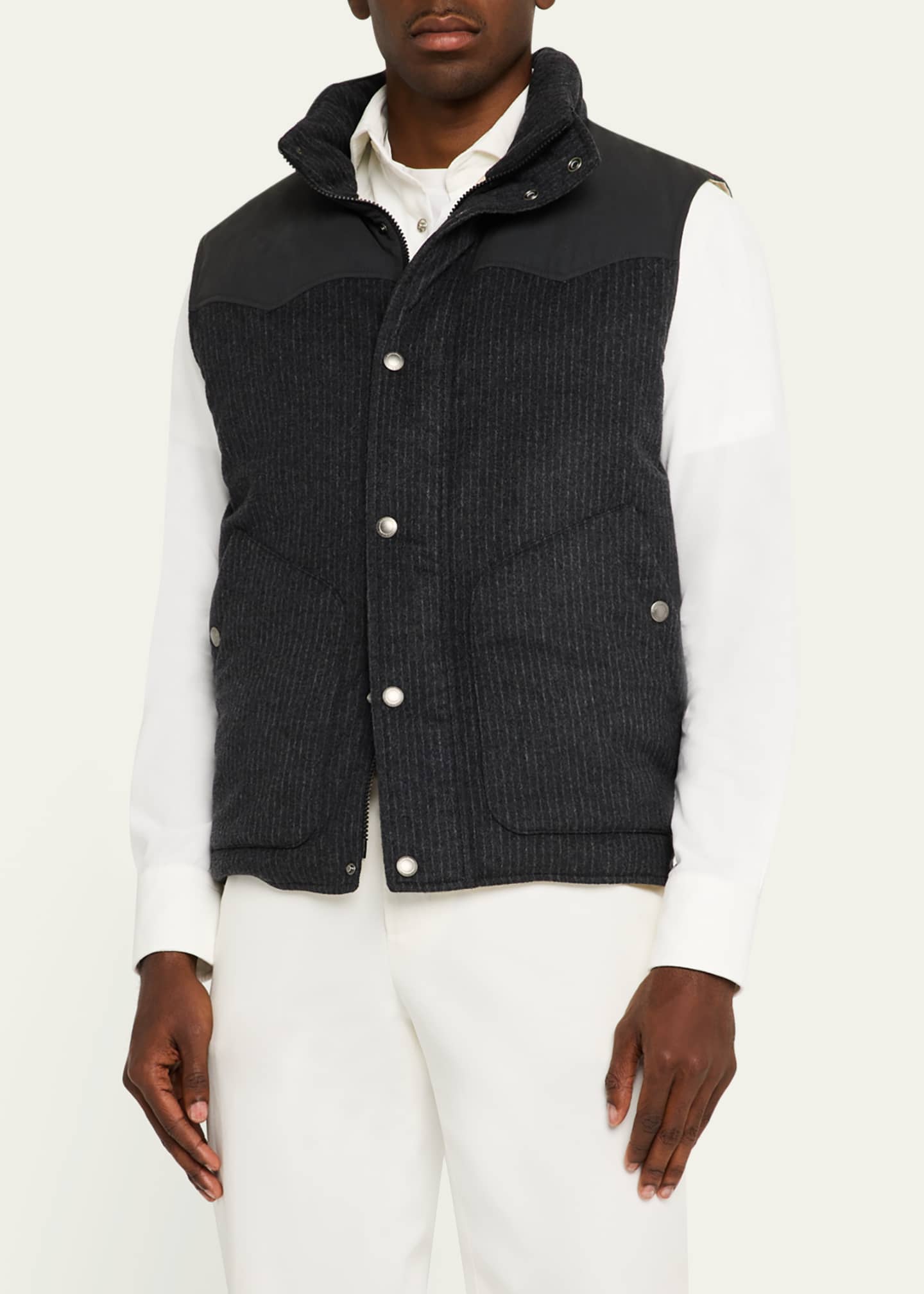 Brunello Cucinelli Men's Mixed Media Snap-Front Down Vest Image 4 of 5