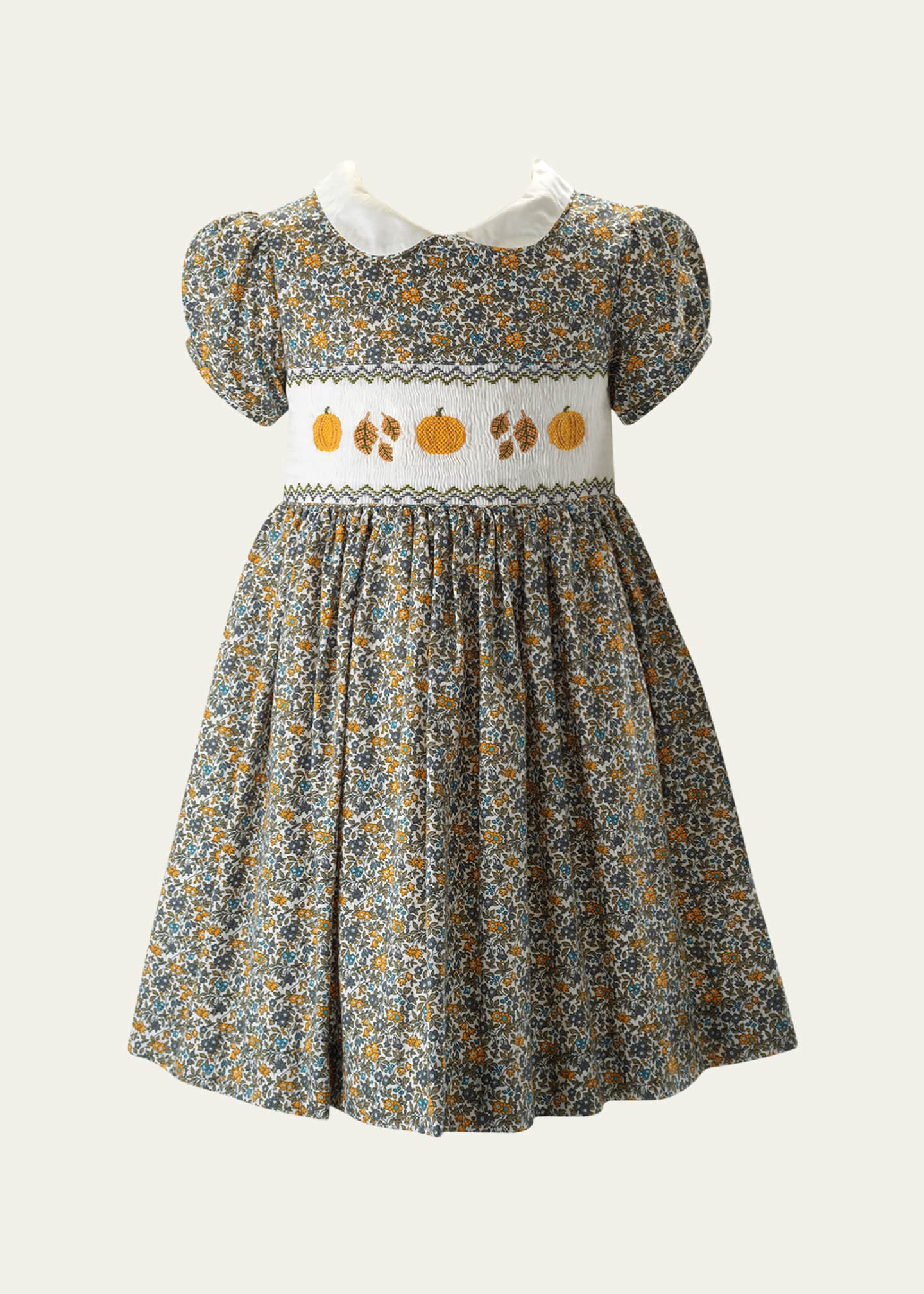 Rachel Riley Girl's Pumpkin Smocked Floral-Print Dress, Size 2-10 Image 1 of 2