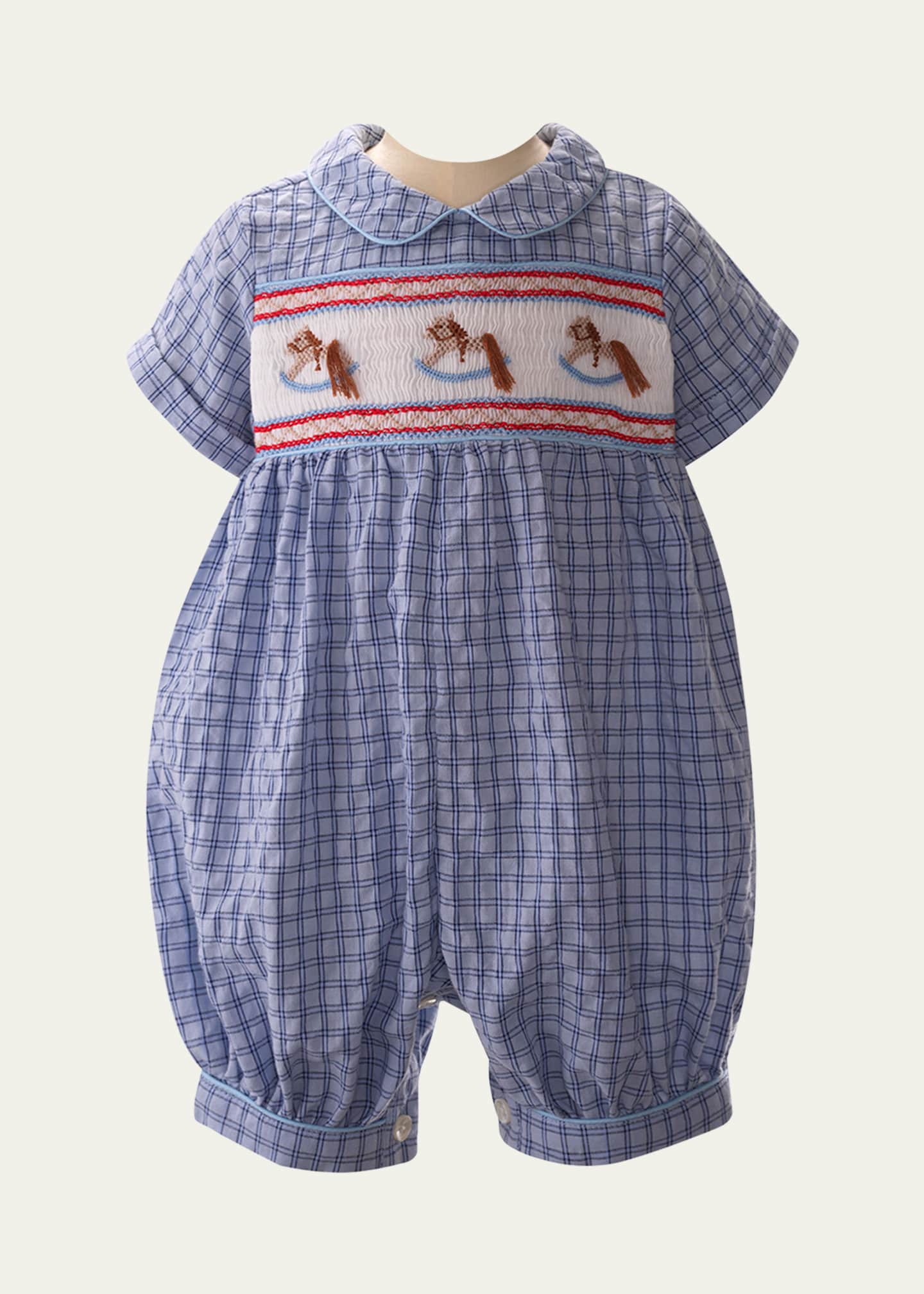 Rachel Riley Boy's Check-Print Rocking Horse Smocked Playsuit, Size 3M-18M Image 1 of 2