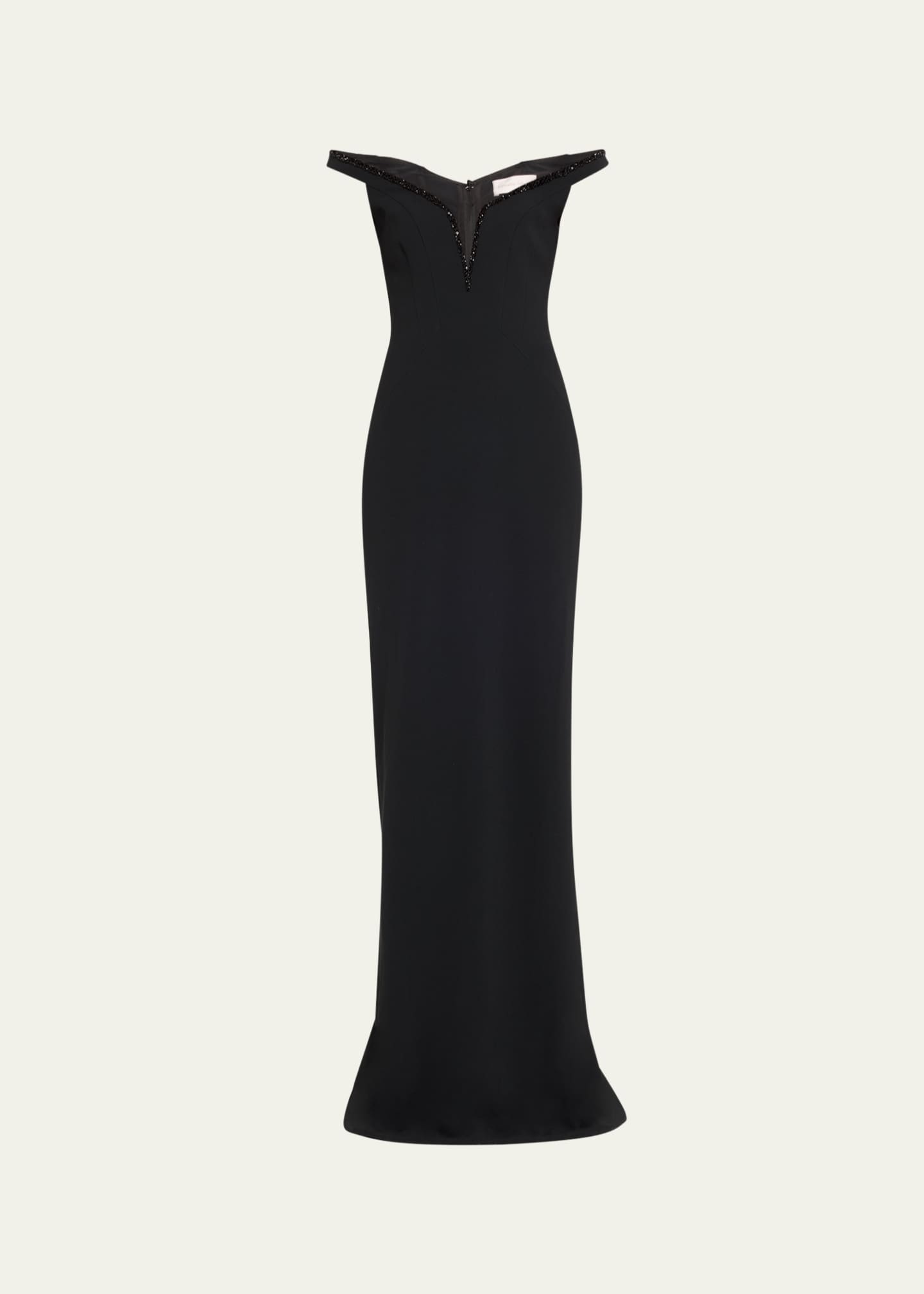 Pamella Roland Crystal Off-The-Shoulder Crepe Gown Image 1 of 5