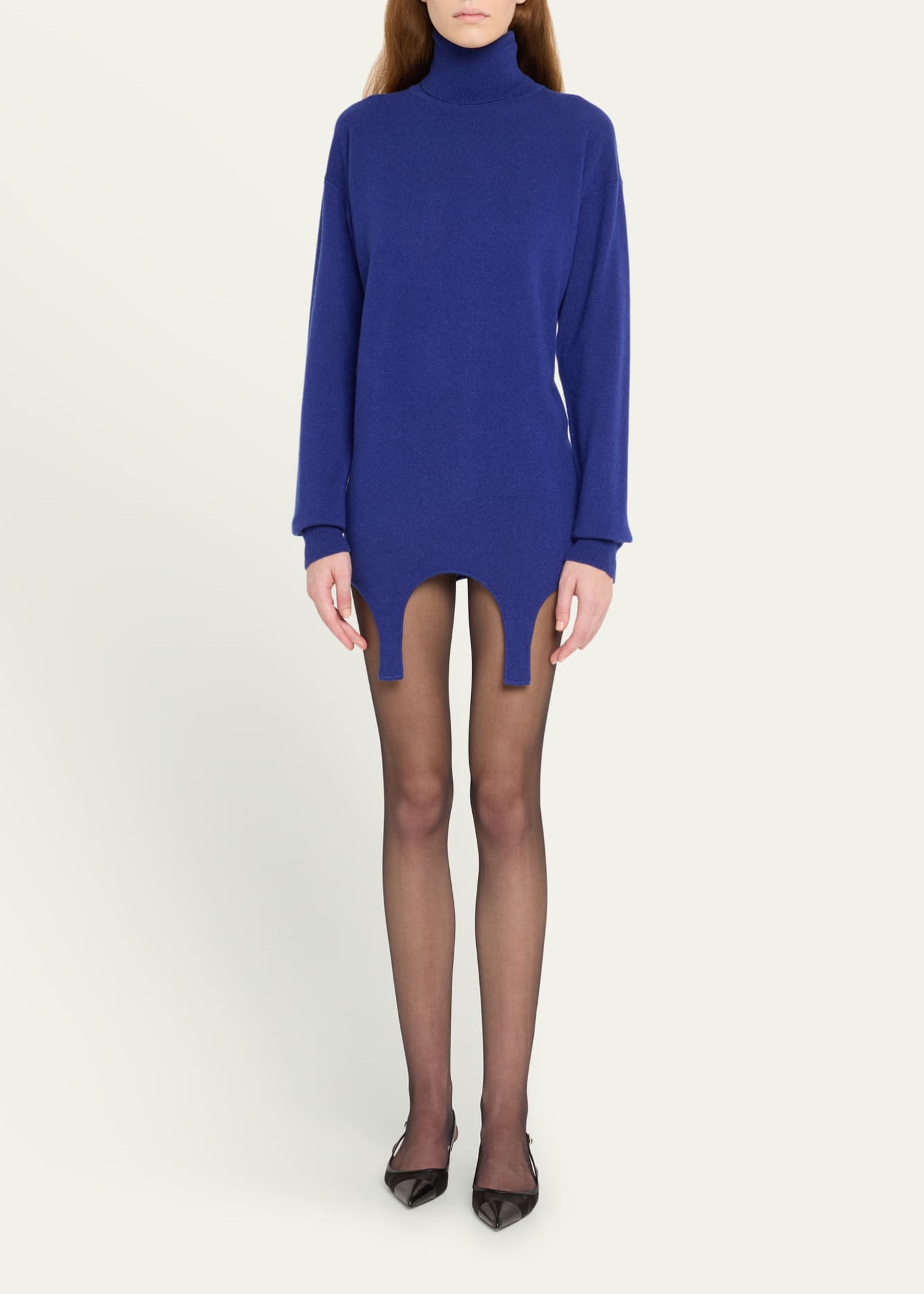 Saint Laurent High-Neck Cashmere Mini Dress with Garter Attachment Image 2 of 5