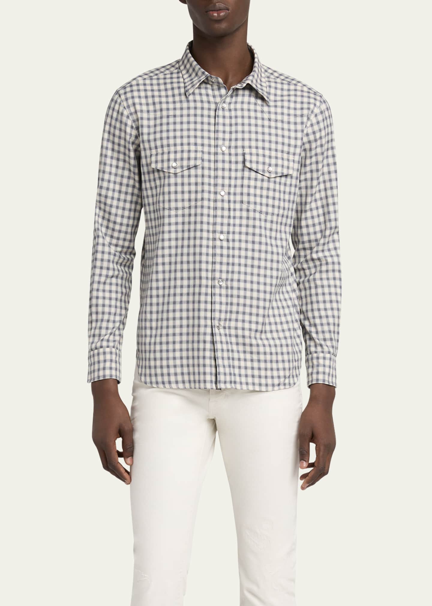 TOM FORD Men's Grid Check Snap-Front Western Shirt Image 2 of 5
