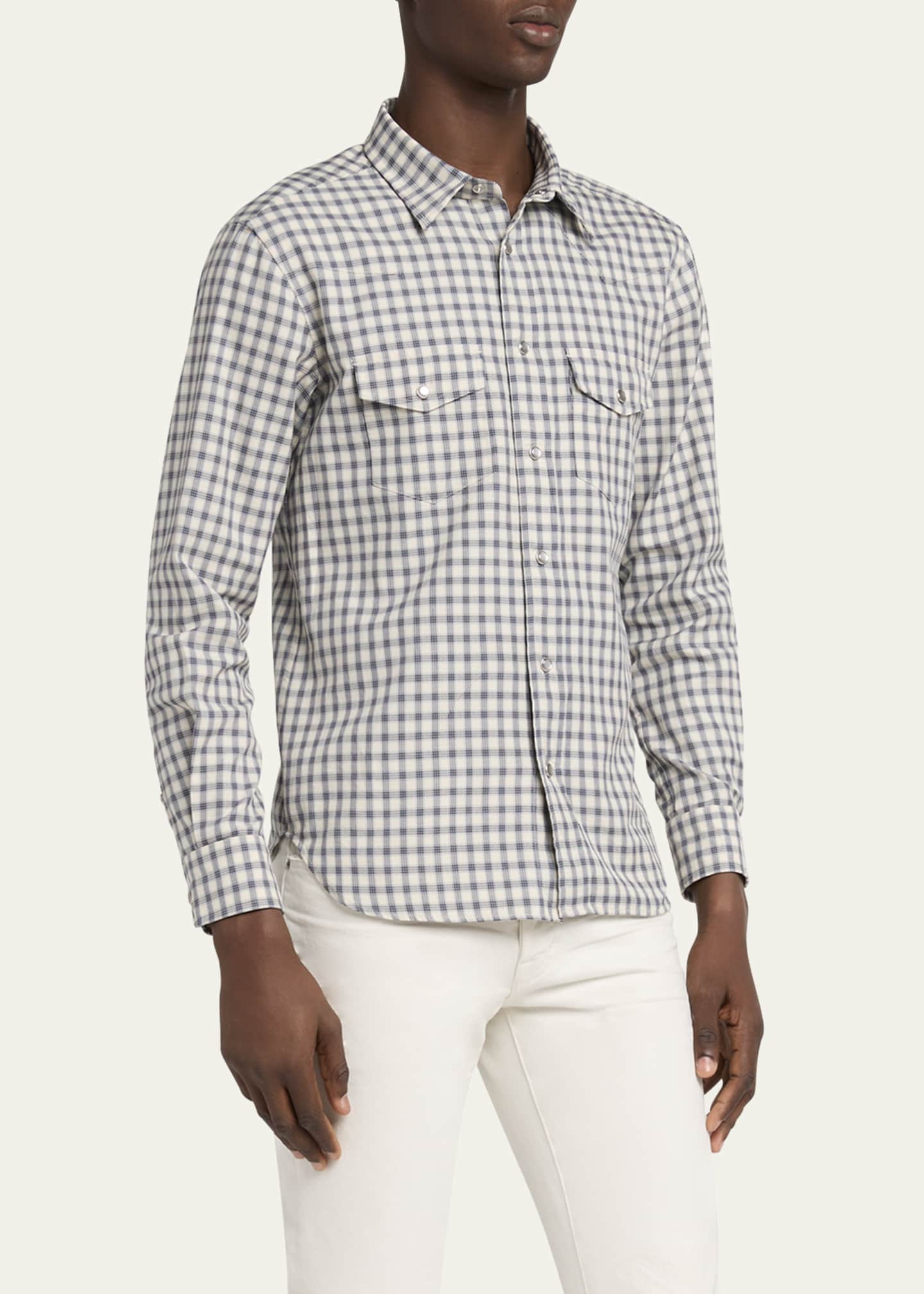 TOM FORD Men's Grid Check Snap-Front Western Shirt Image 4 of 5