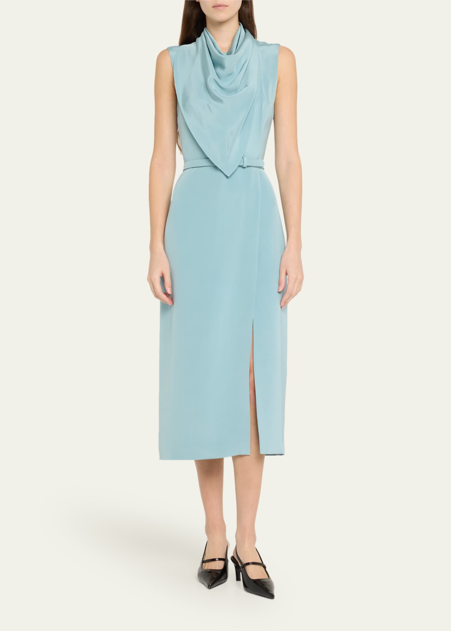 Adam Lippes Scarf Drape Silk Crepe Midi Dress With Belt Image 2 of 5