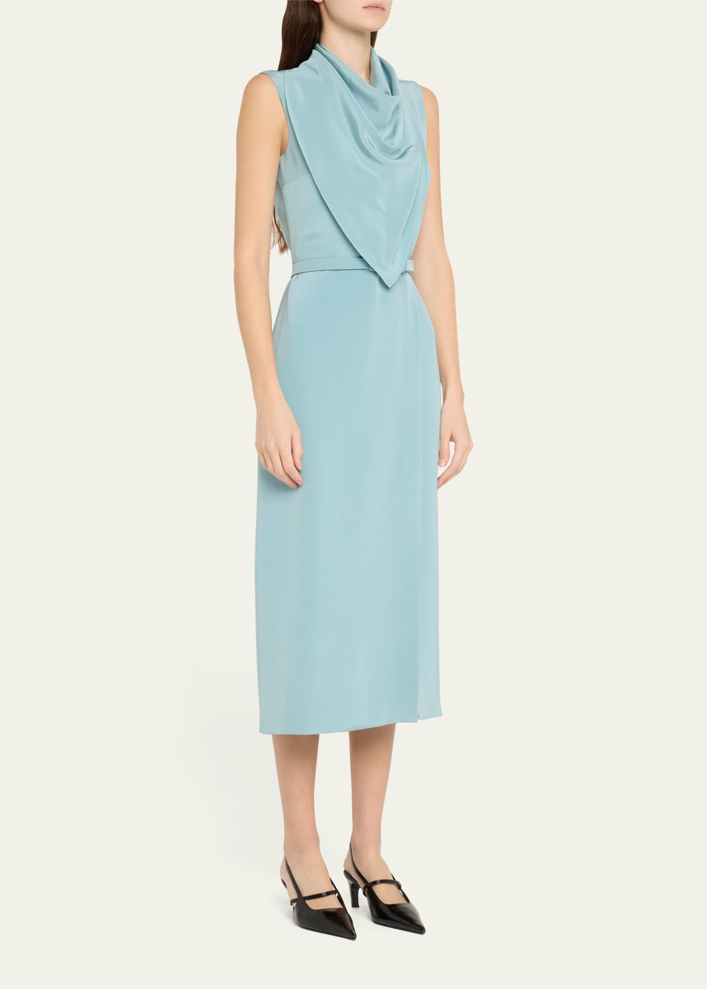 Adam Lippes Scarf Drape Silk Crepe Midi Dress With Belt Image 4 of 5