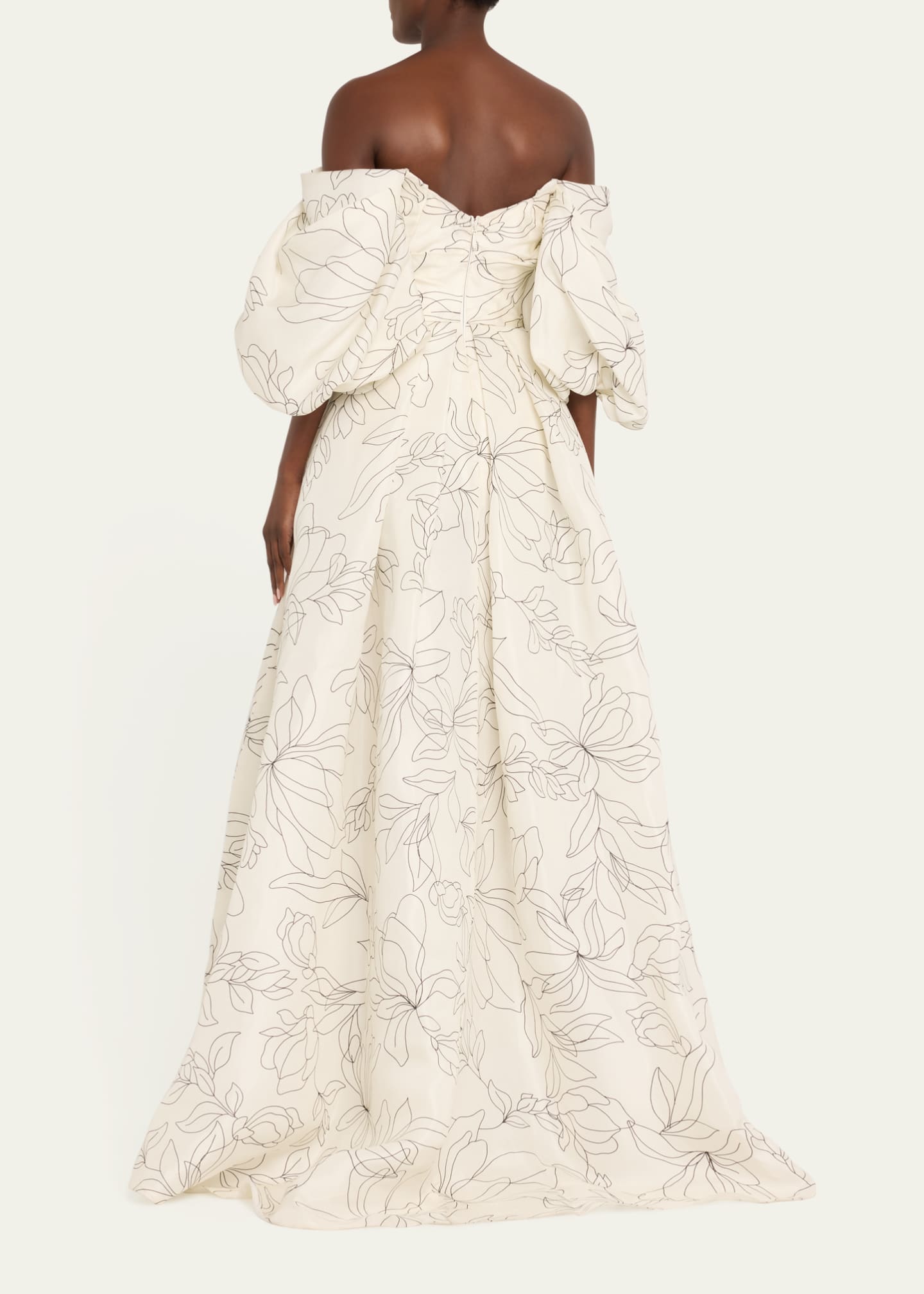 Off-The-Shoulder Floral Blouson-Sleeve Ball Gown - Thumbnail 3