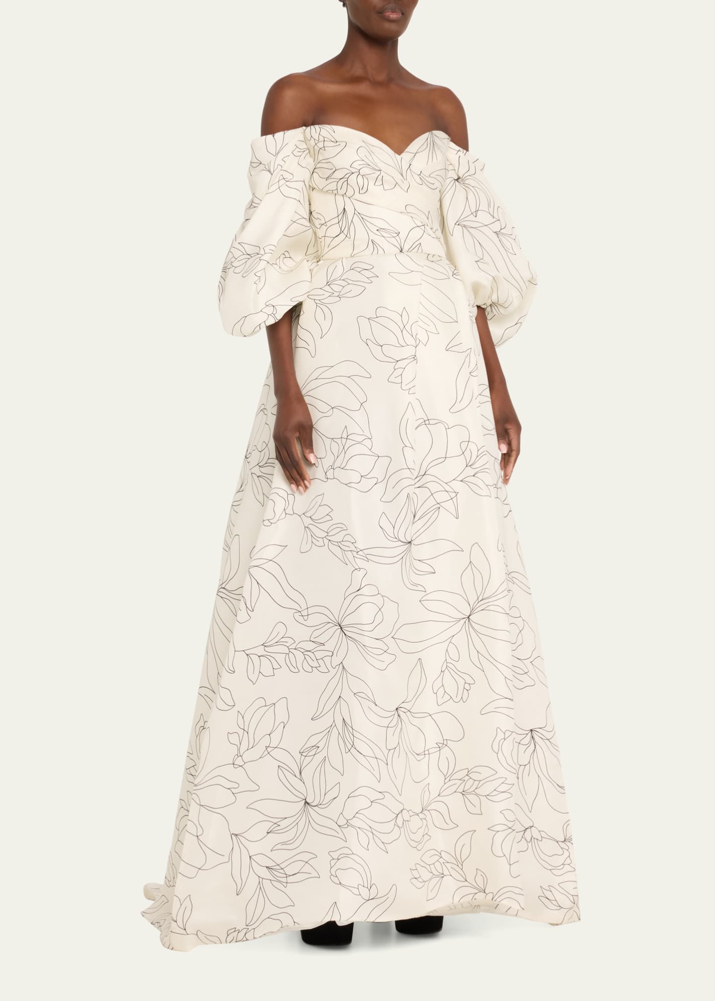Off-The-Shoulder Floral Blouson-Sleeve Ball Gown - Thumbnail 4