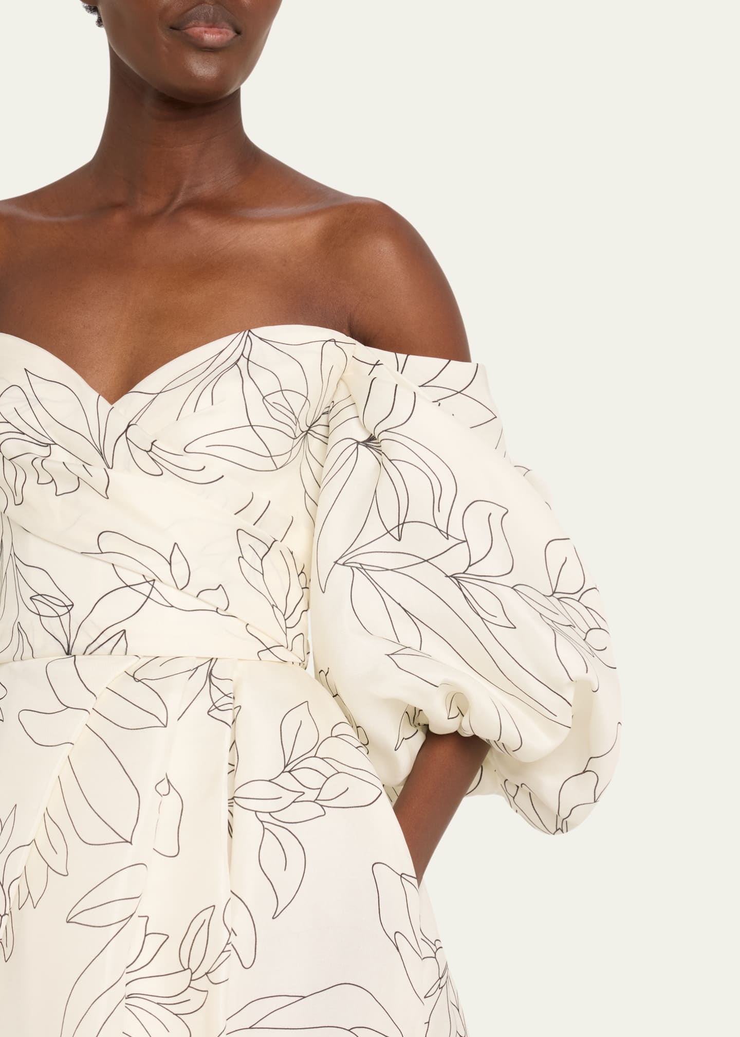 Off-The-Shoulder Floral Blouson-Sleeve Ball Gown - Thumbnail 5