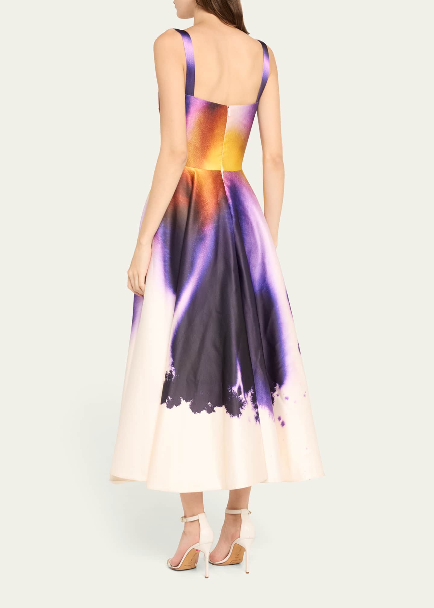 Oscar de la Renta Long Abstract Orchid Satin Fit-Flare Dress Image 3 of 5
