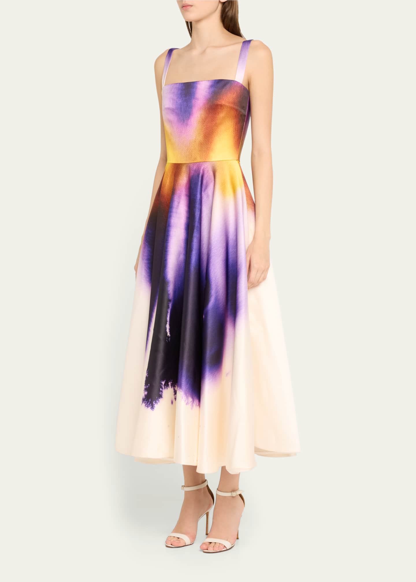 Oscar de la Renta Long Abstract Orchid Satin Fit-Flare Dress Image 4 of 5
