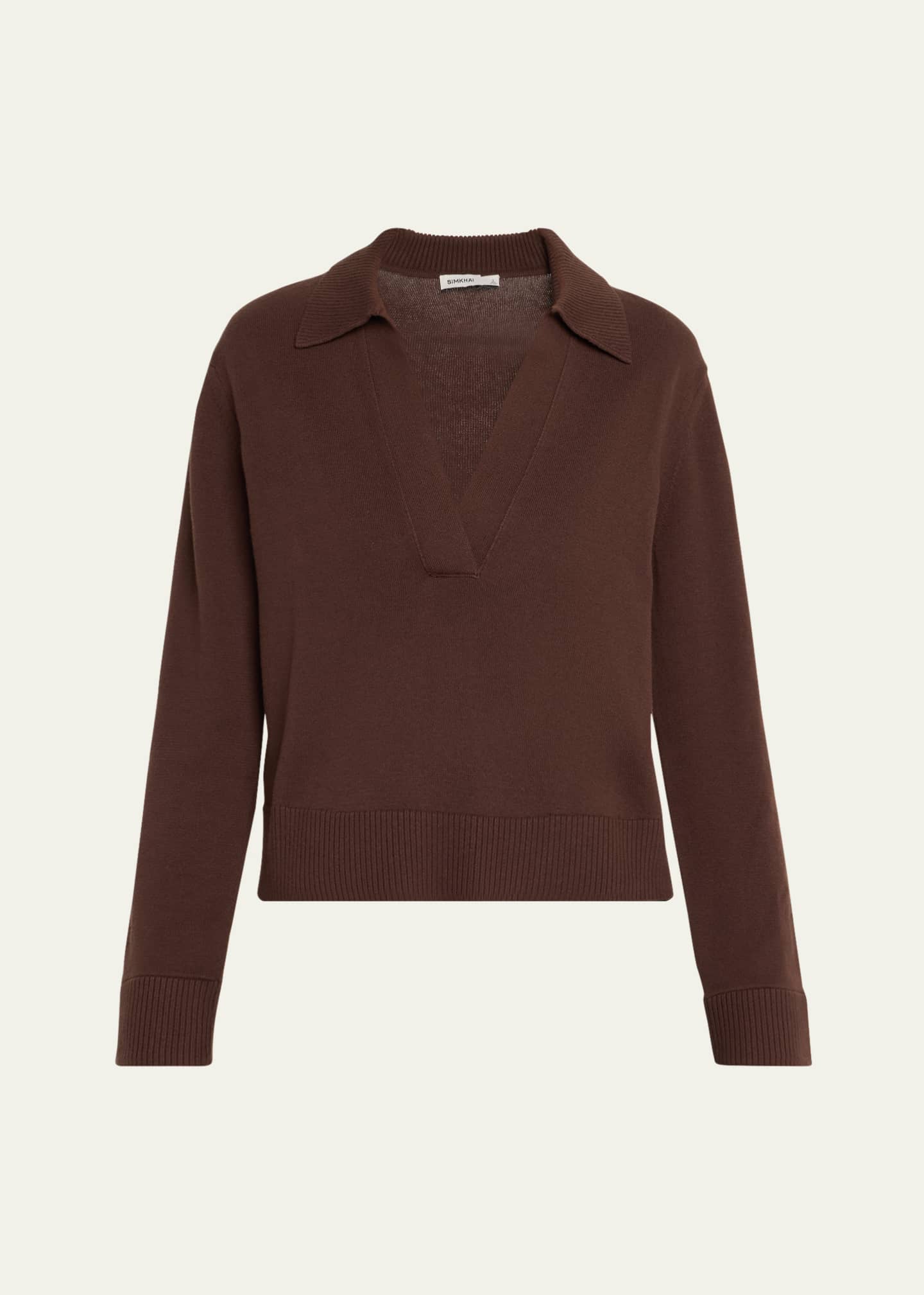 SIMKHAI Long-Sleeve Cashmere-Blend Polo Sweater Image 1 of 5