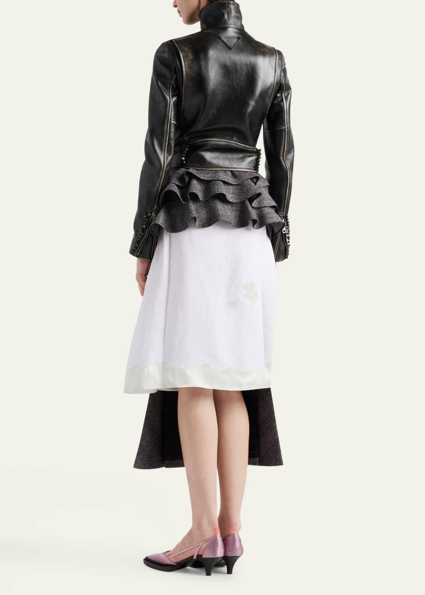 Prada Deconstructed Peplum High-Low Grisaille Wool Midi Skirt