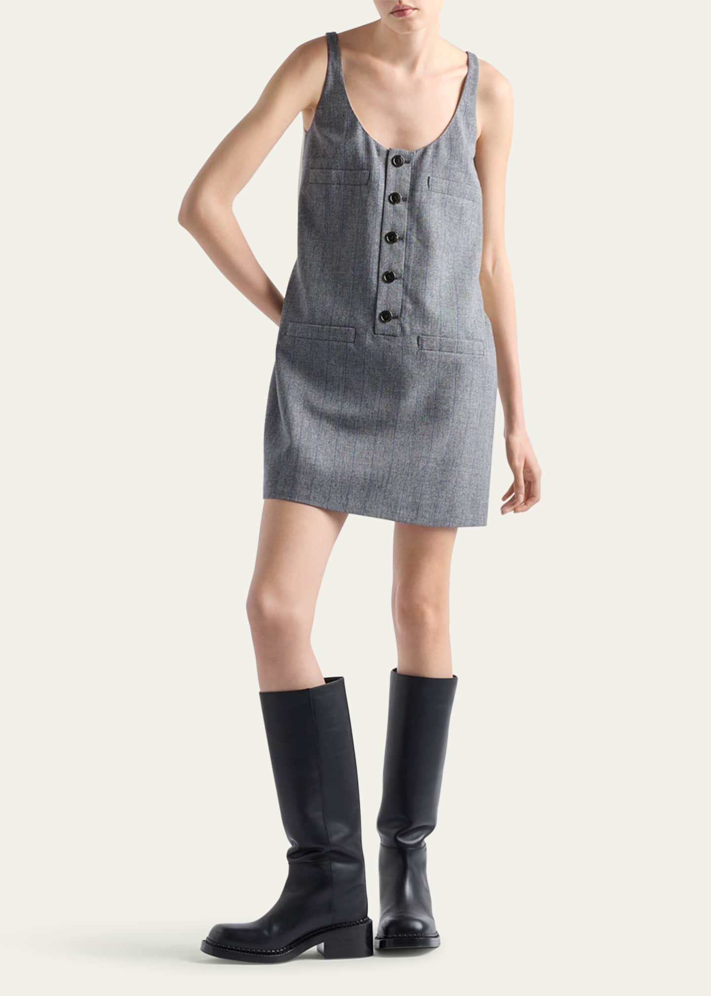 Prada Pinstripe Silk Back Wool Mini Dress Image 2 of 3