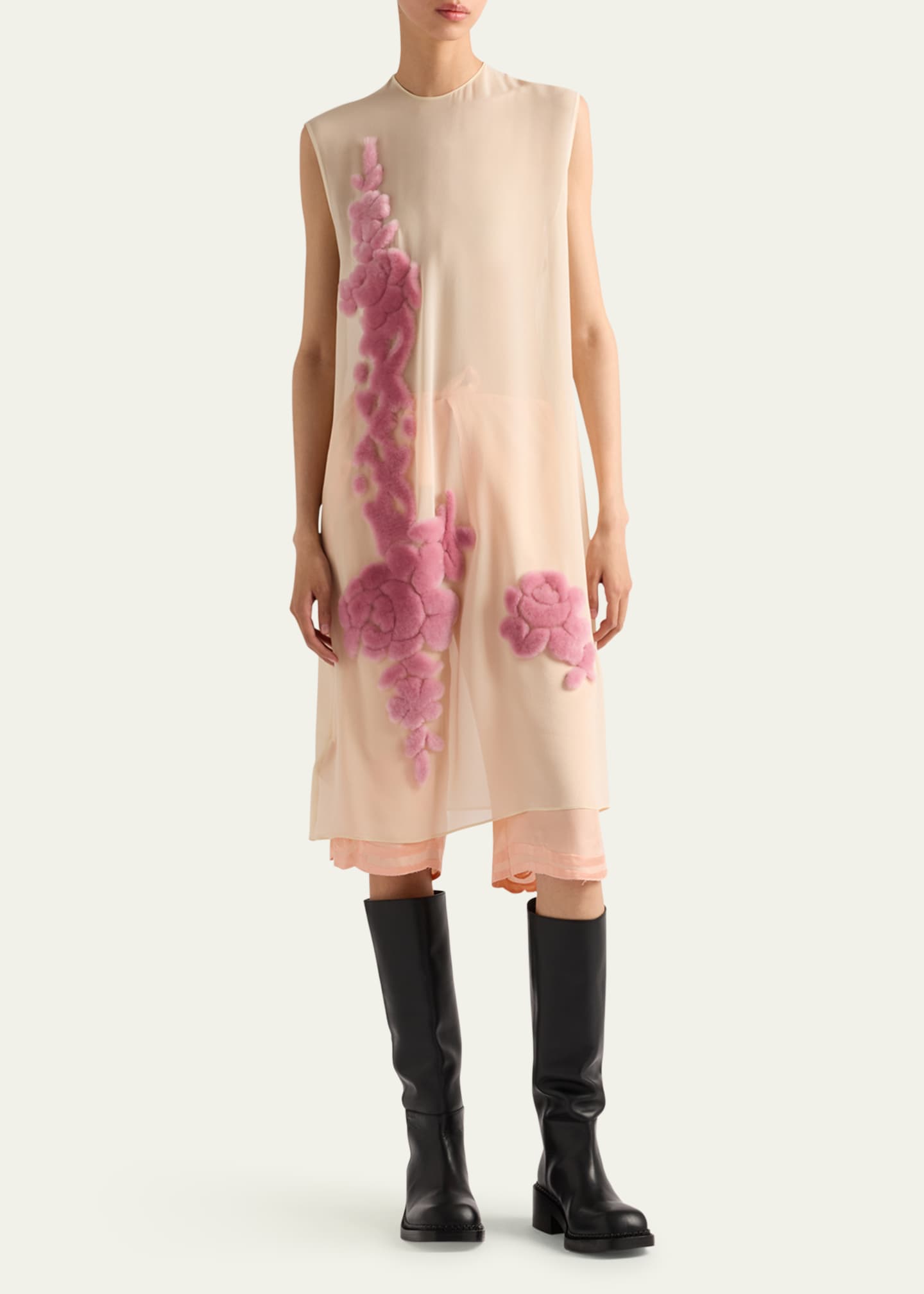 Prada Georgette Shearling Midi Dress Image 2 of 4