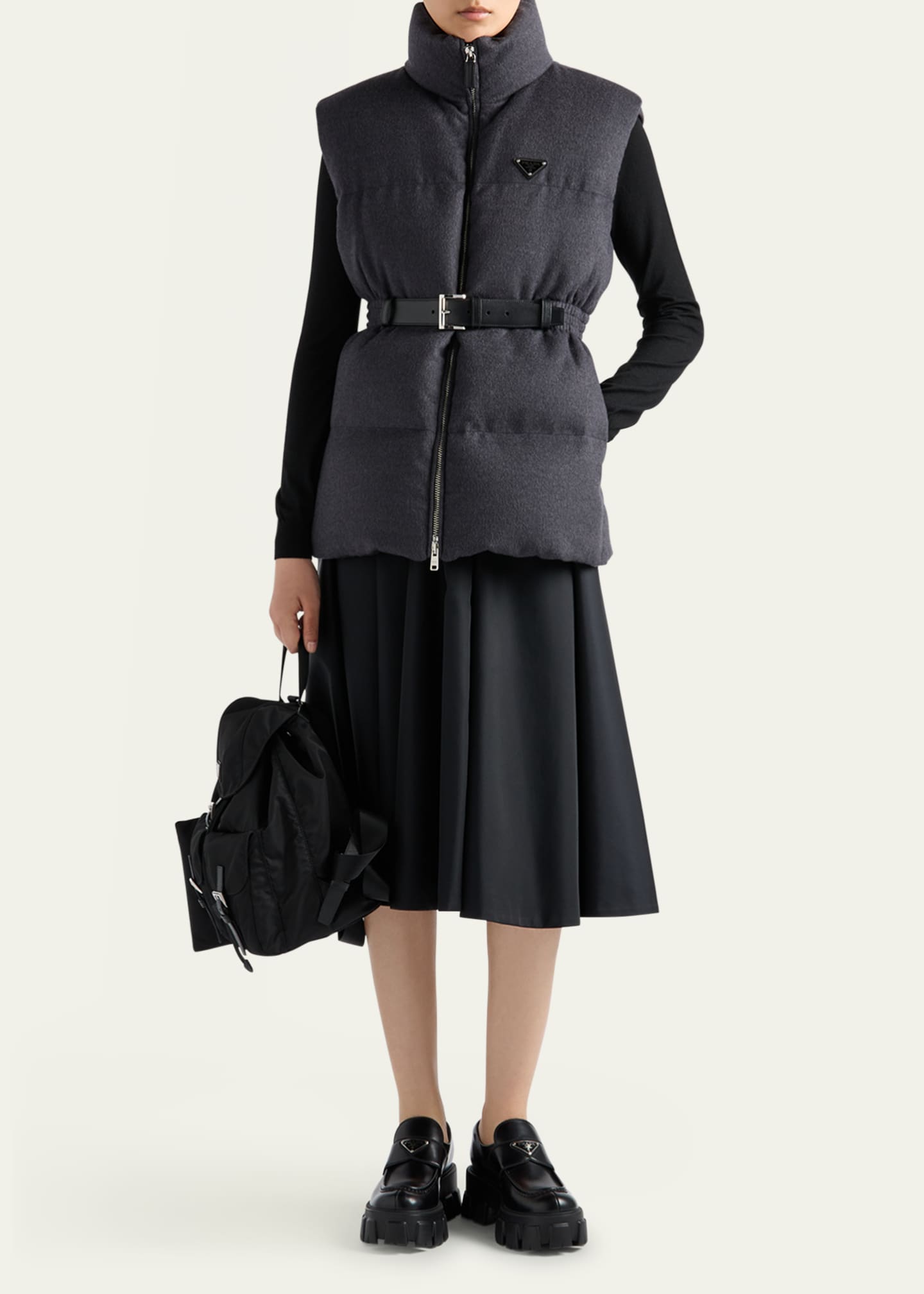 Prada Leather Belted Wool Puffer Vest Image 2 of 4