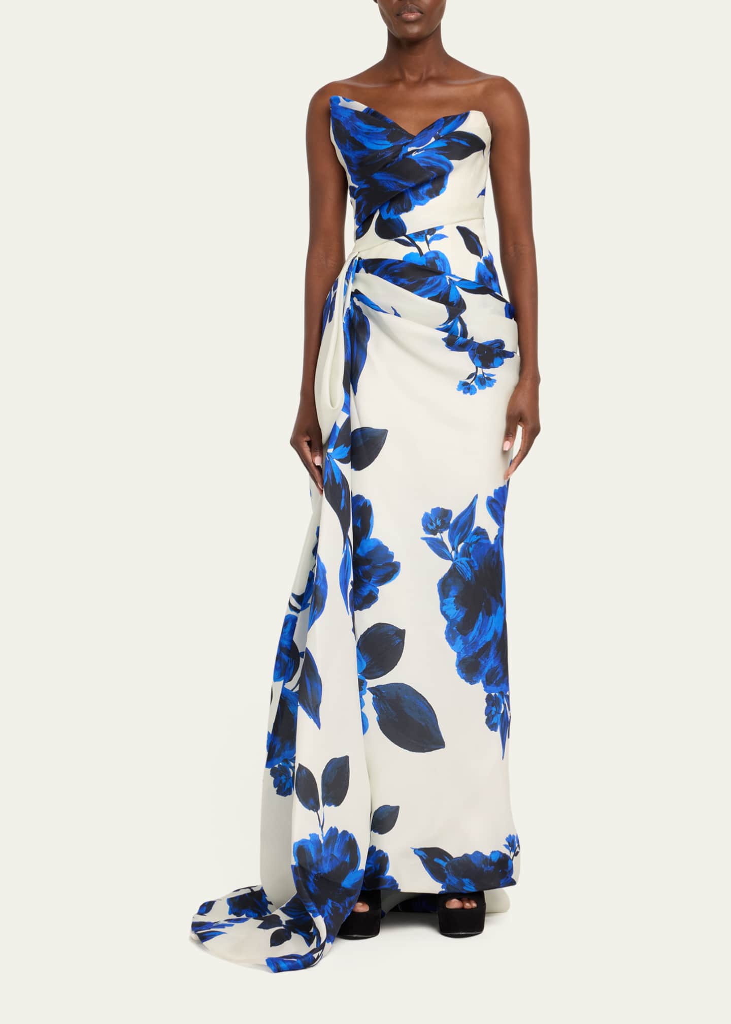 Floral Print Asymmetric Draped Column Gown - Thumbnail 2