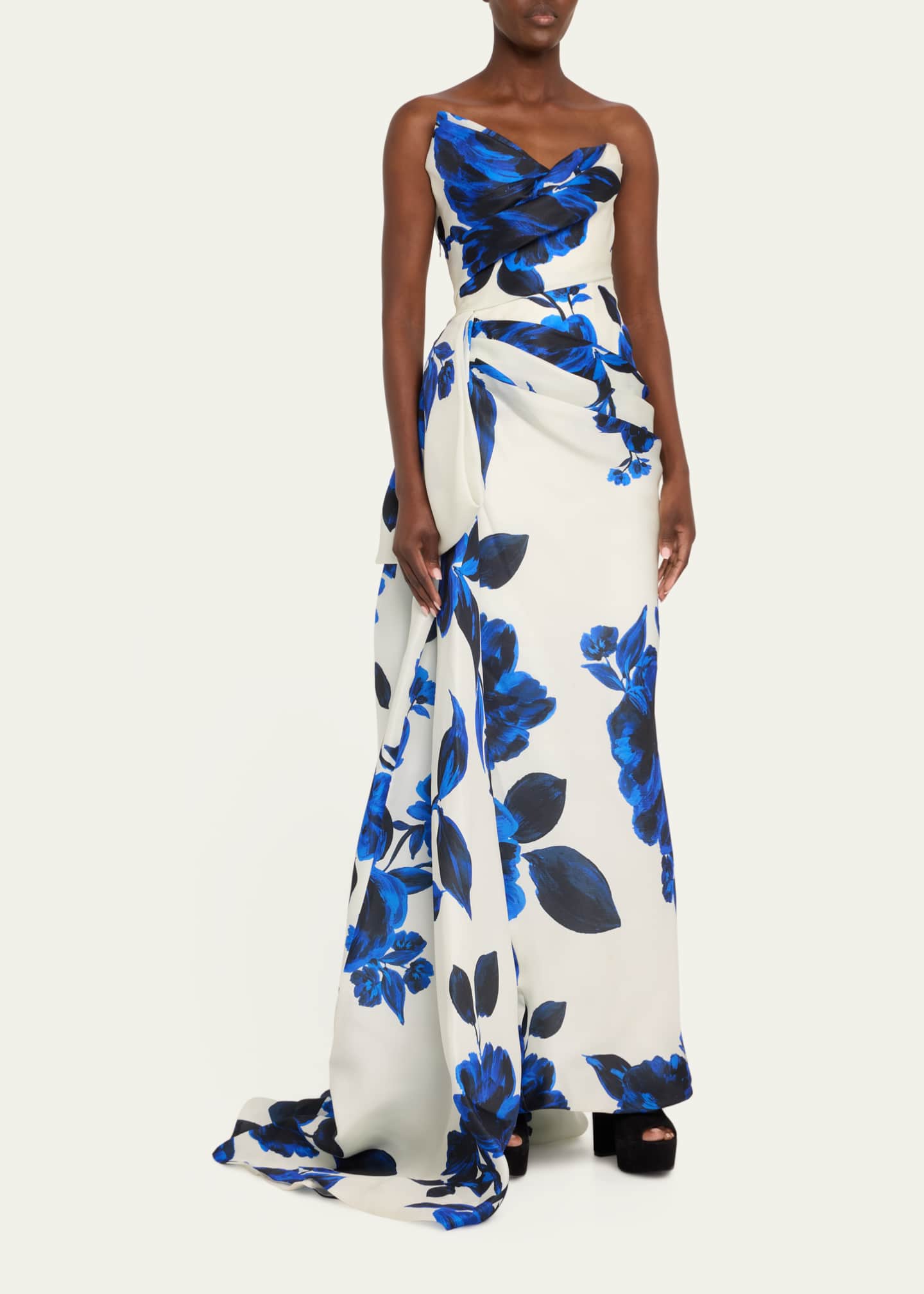 Floral Print Asymmetric Draped Column Gown - Thumbnail 4
