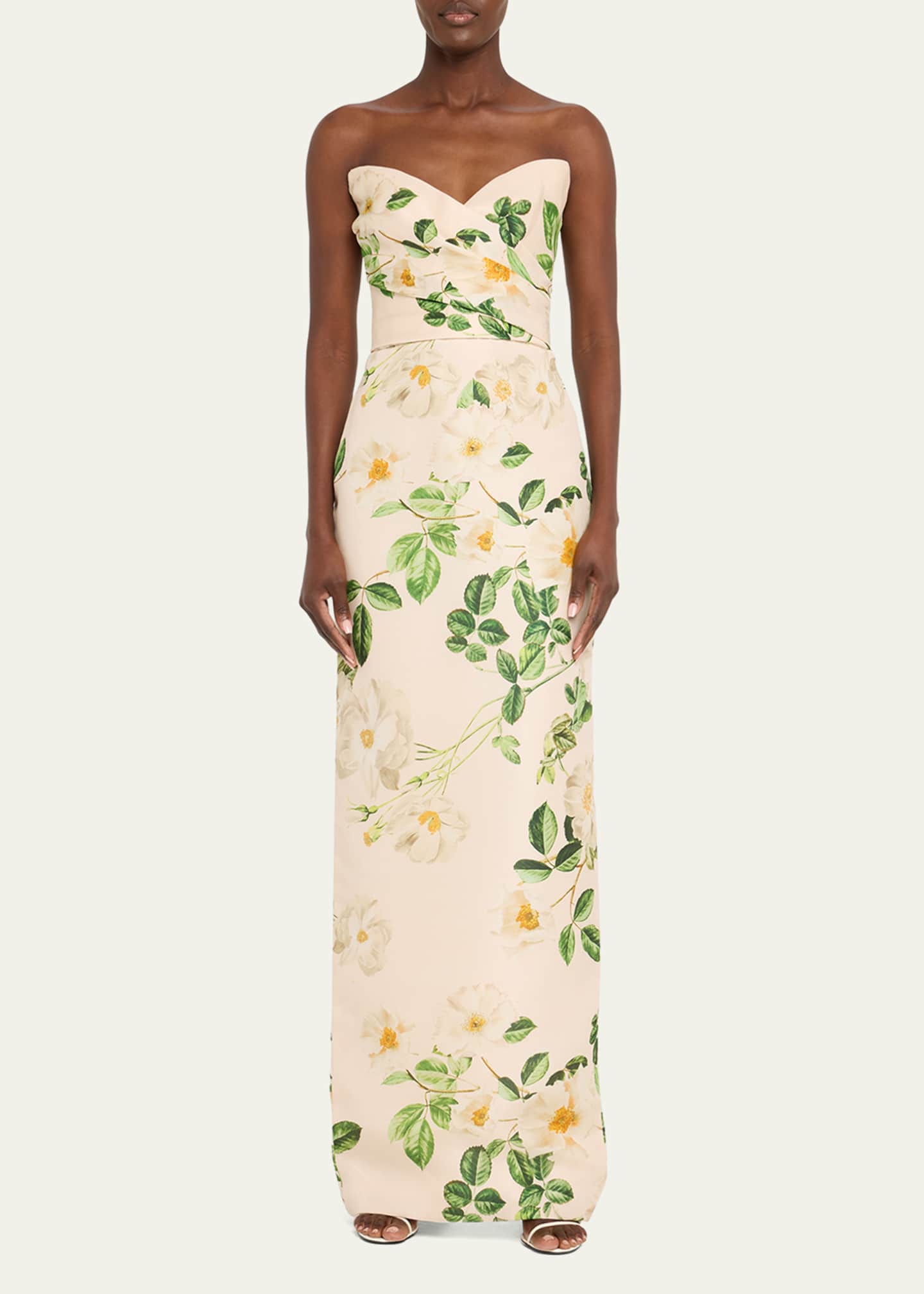 Monique Lhuillier Floral-Print Draped Strapless Gown Image 2 of 5