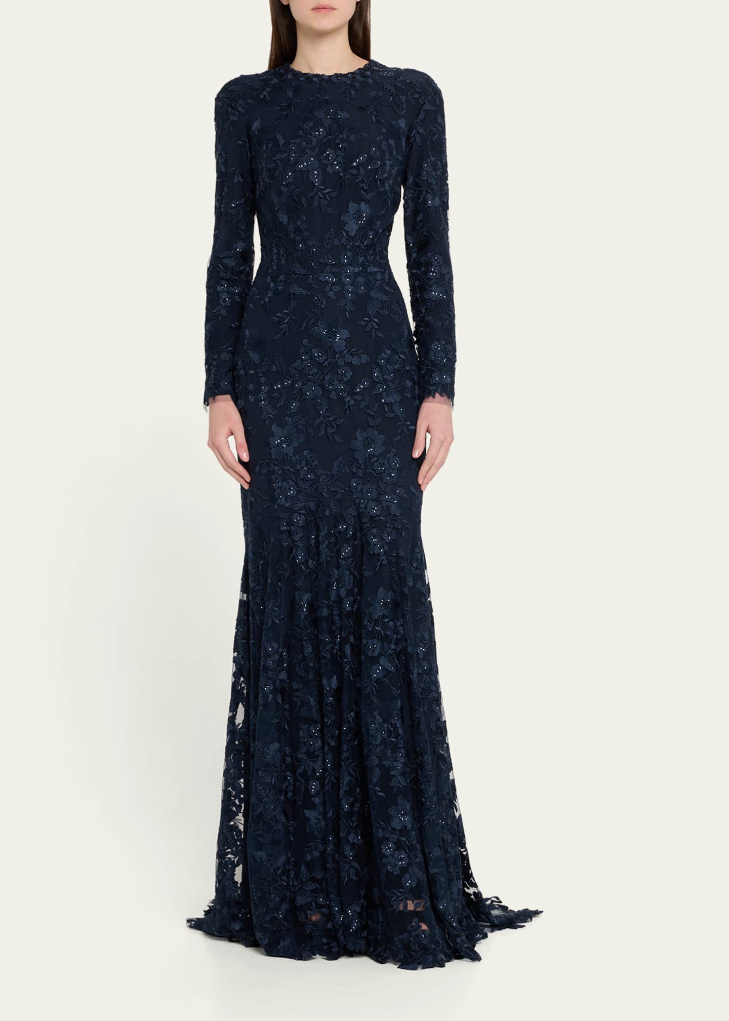 Monique Lhuillier Floral Embroidered Tulle Long Sleeve Gown Image 2 of 5