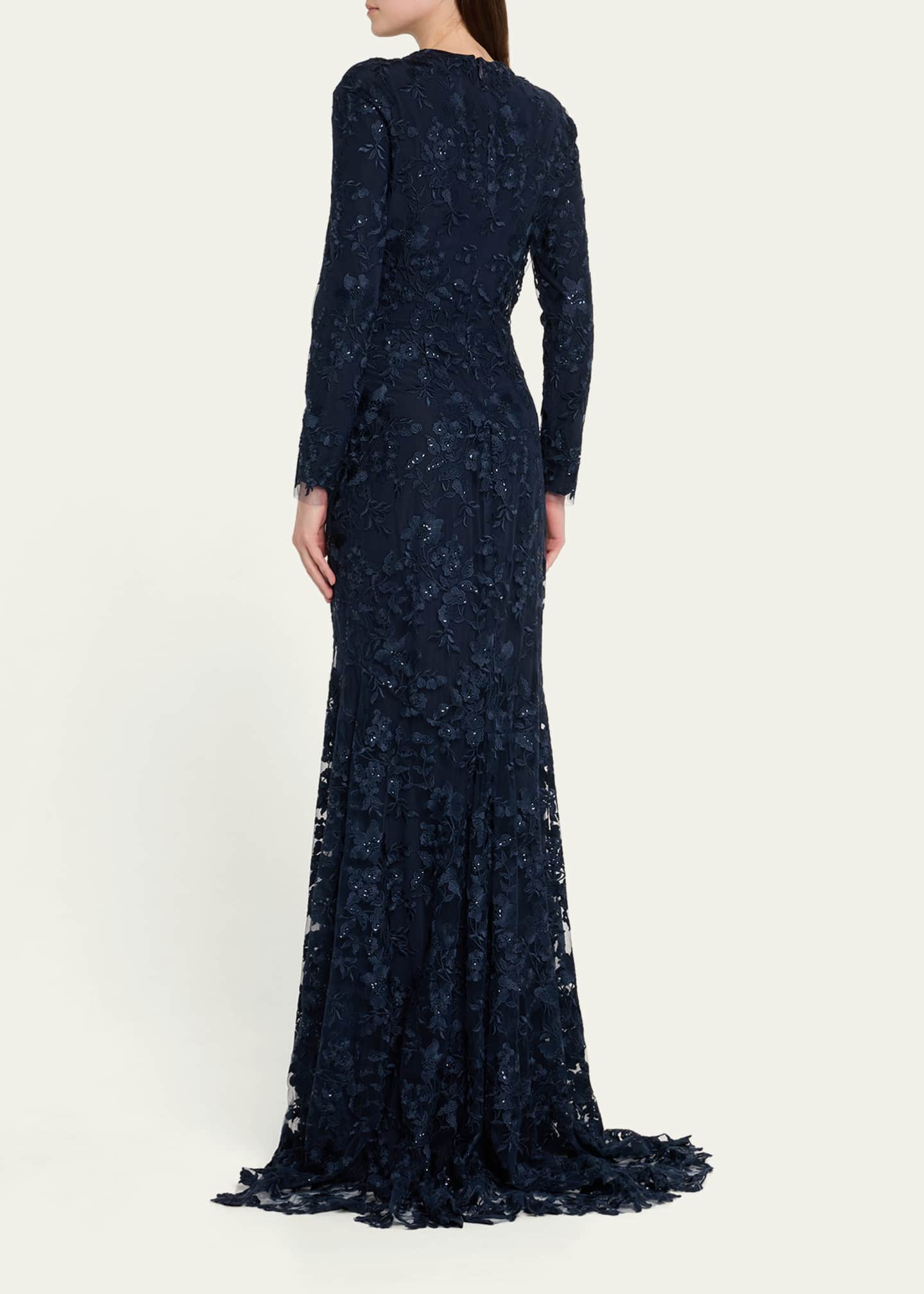 Monique Lhuillier Floral Embroidered Tulle Long Sleeve Gown Image 3 of 5