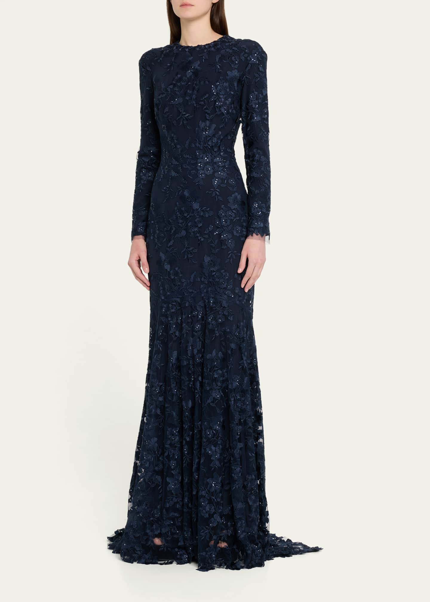 Monique Lhuillier Floral Embroidered Tulle Long Sleeve Gown Image 4 of 5