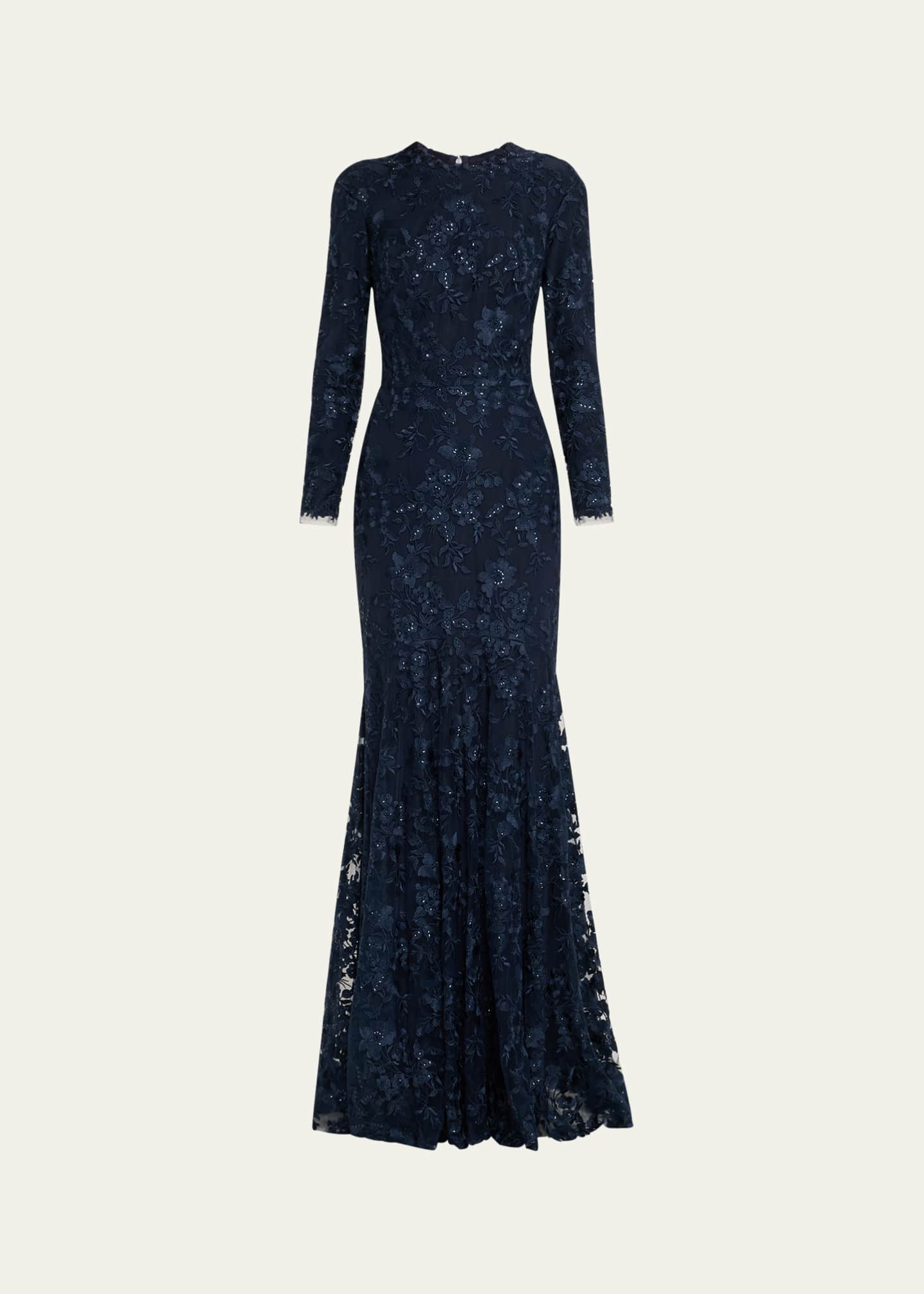 Monique Lhuillier Floral Embroidered Tulle Long Sleeve Gown Image 1 of 5