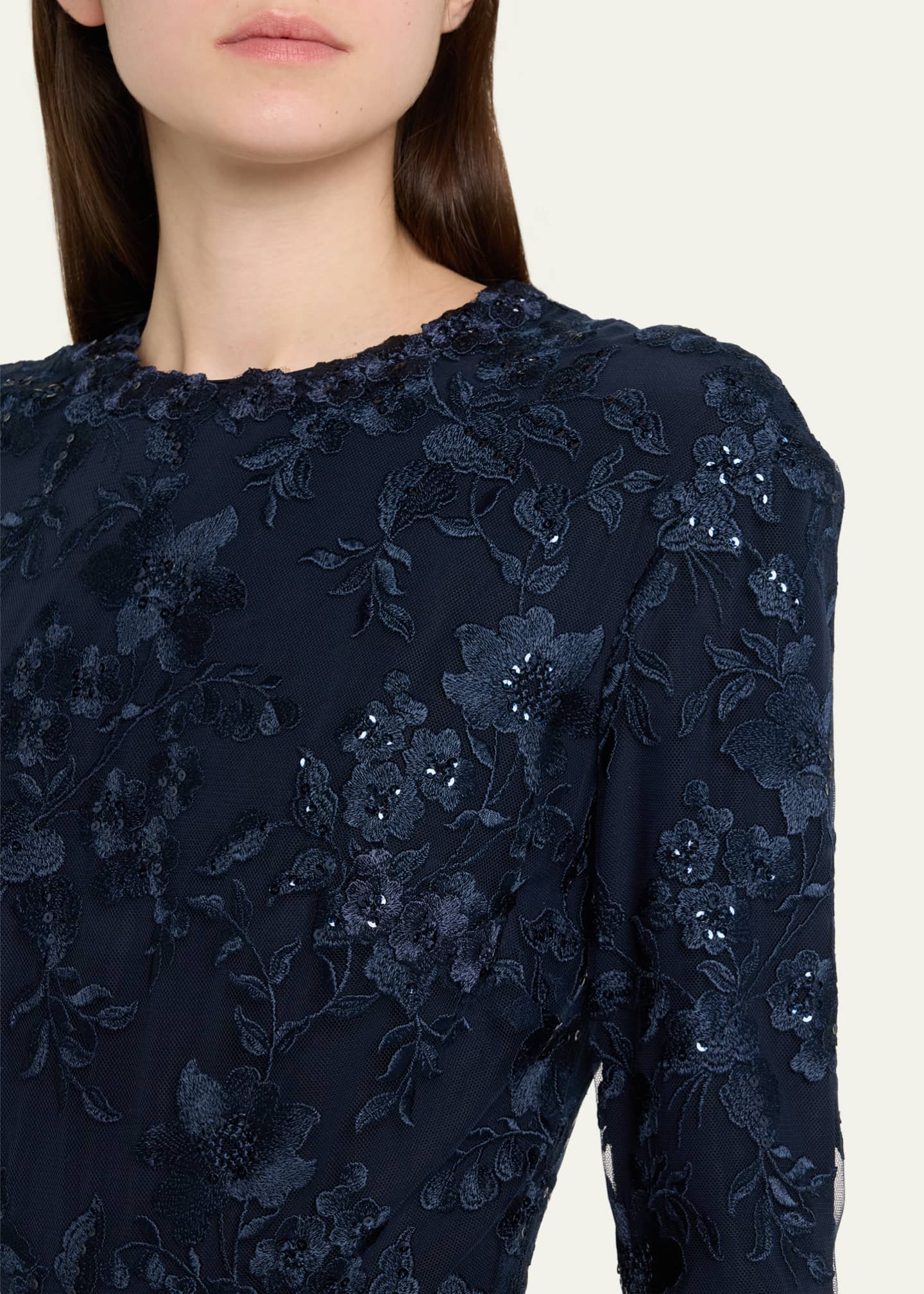 Monique Lhuillier Floral Embroidered Tulle Long Sleeve Gown Image 5 of 5