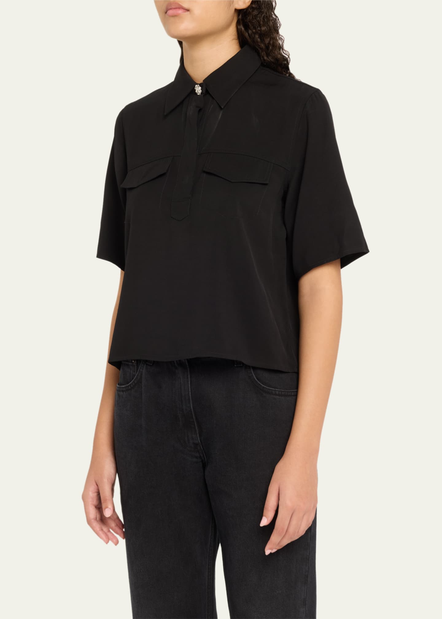 Short-Sleeve Viscose Twill Blouse - Thumbnail 4