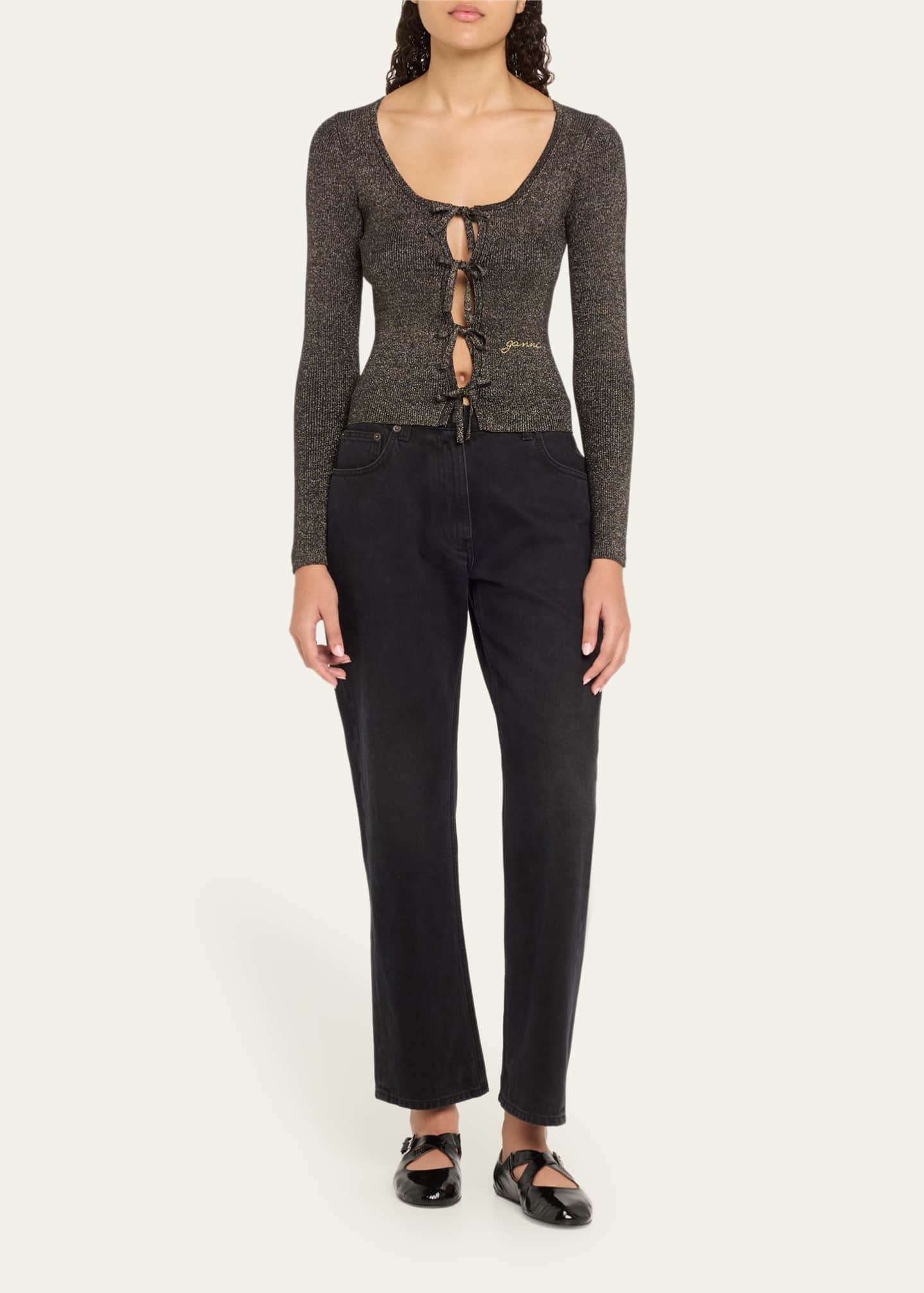 Ganni Sparkly Knit Tie-Front Blouse Image 2 of 5