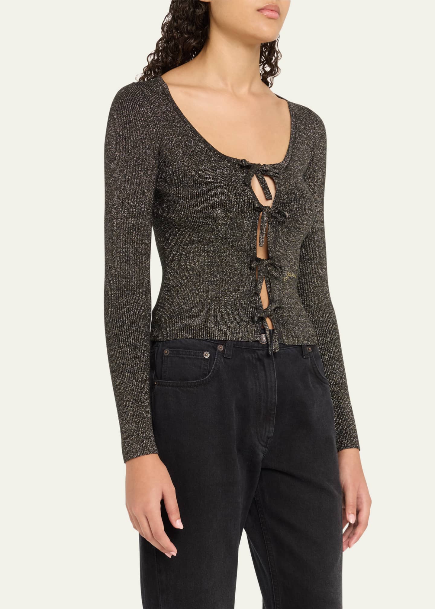 Ganni Sparkly Knit Tie-Front Blouse Image 4 of 5
