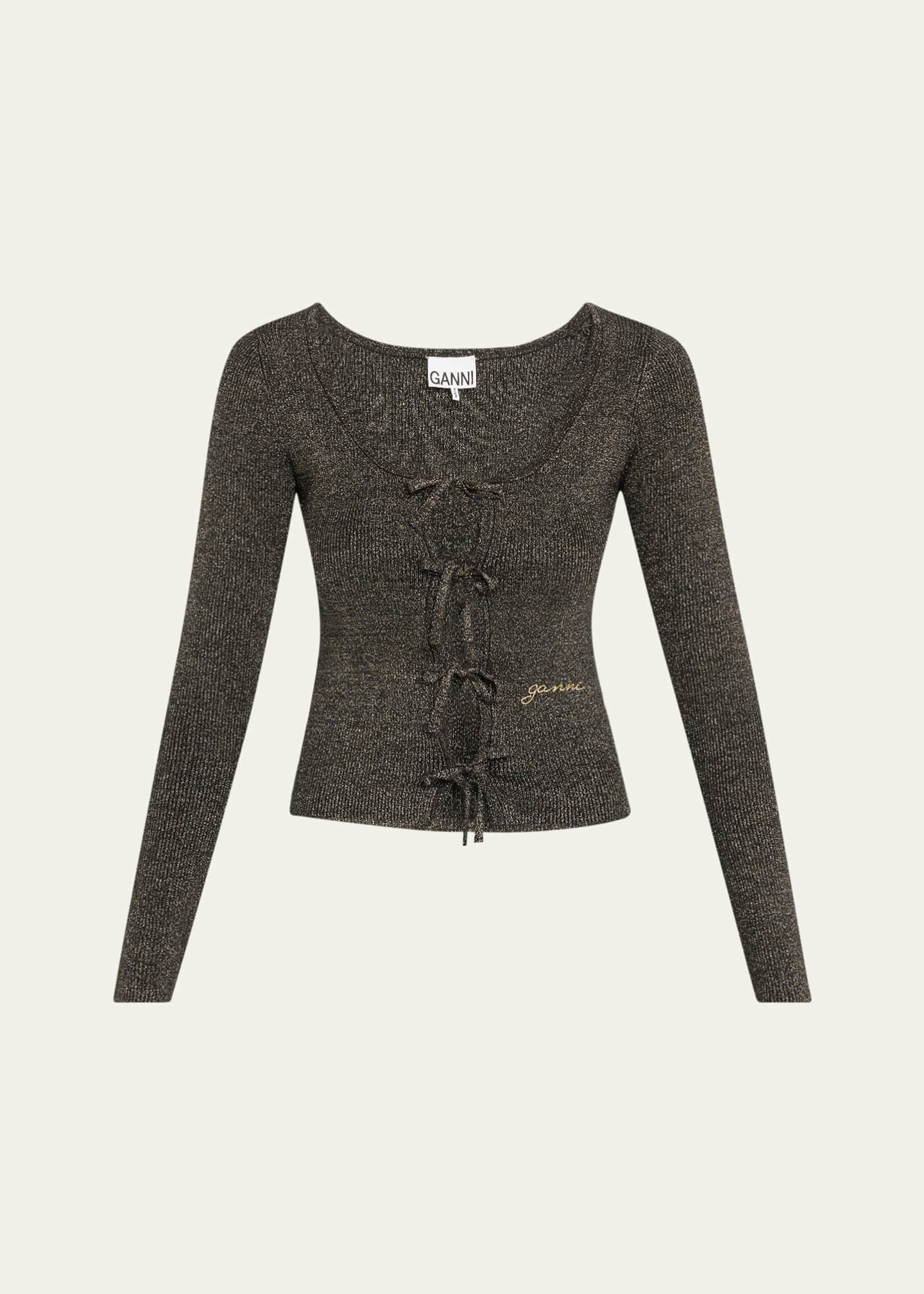 Ganni Sparkly Knit Tie-Front Blouse Image 1 of 5