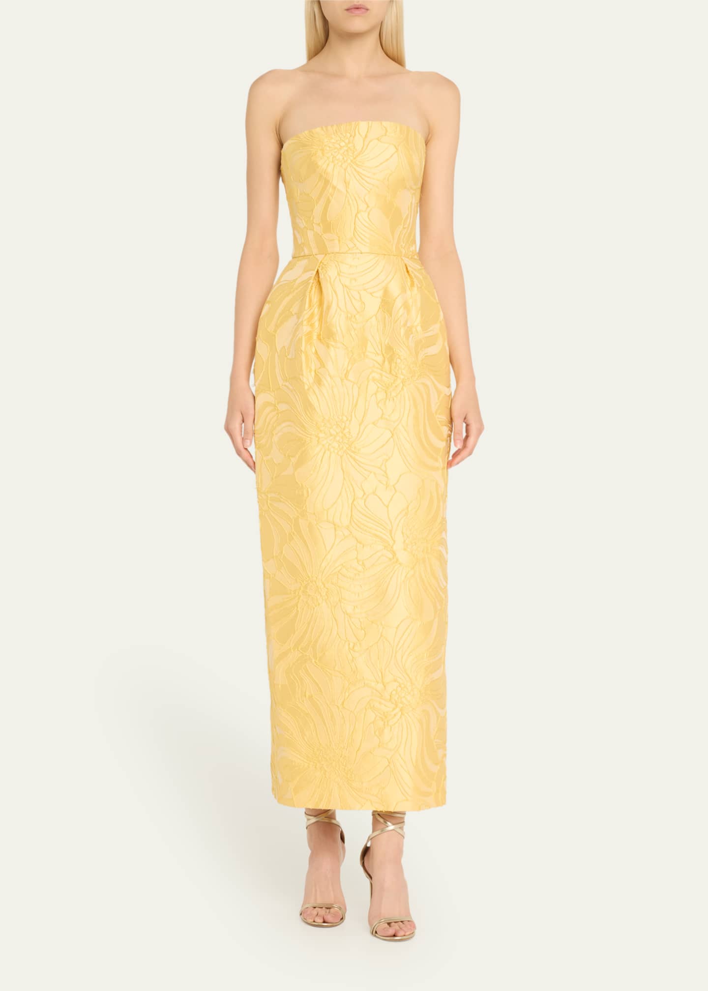 Monique Lhuillier Strapless Floral Jacquard Pleated Ankle Dress Image 2 of 5