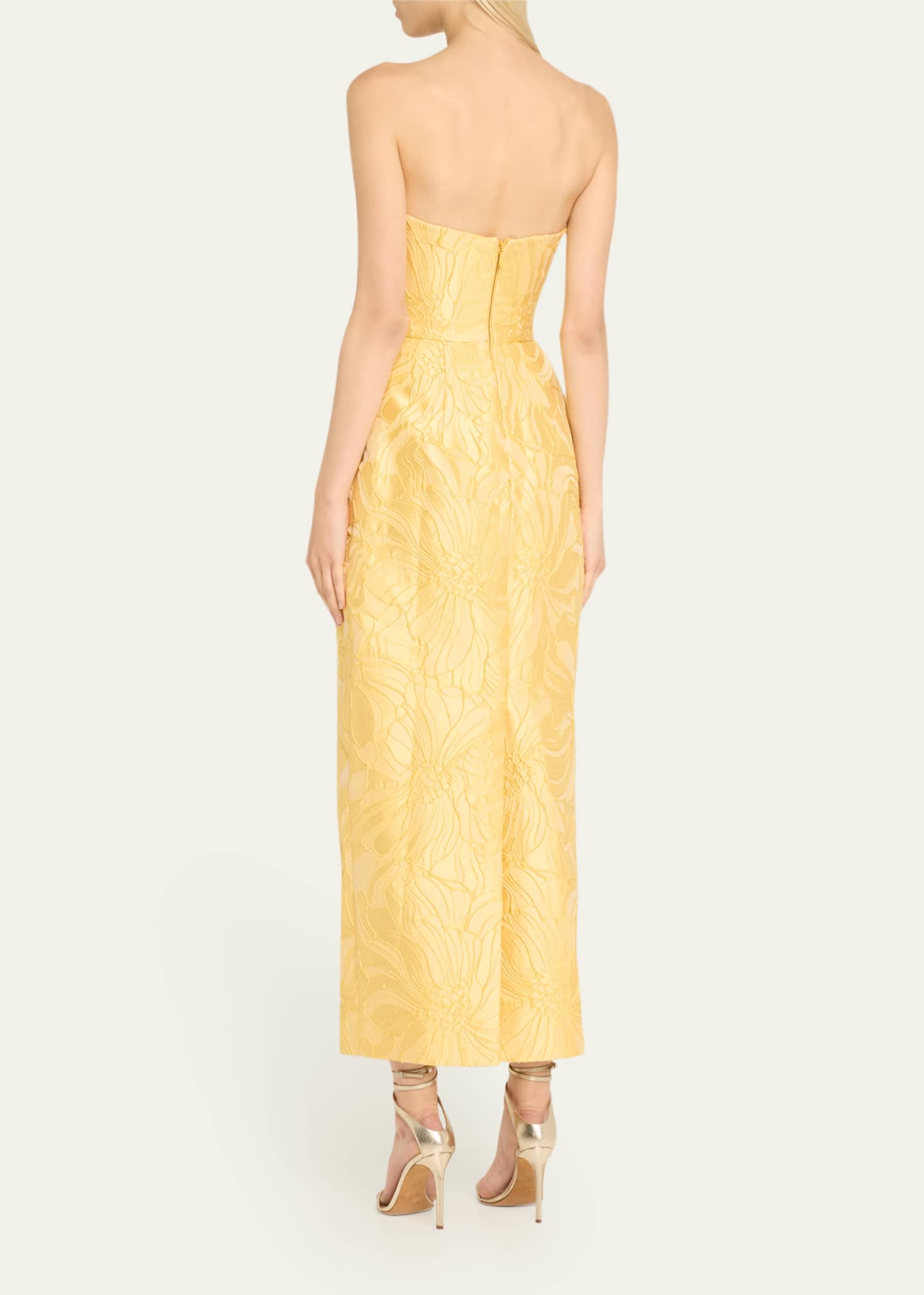 Monique Lhuillier Strapless Floral Jacquard Pleated Ankle Dress Image 3 of 5