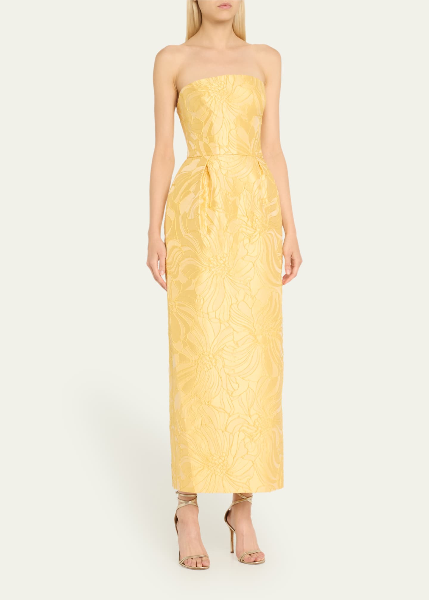 Monique Lhuillier Strapless Floral Jacquard Pleated Ankle Dress Image 4 of 5