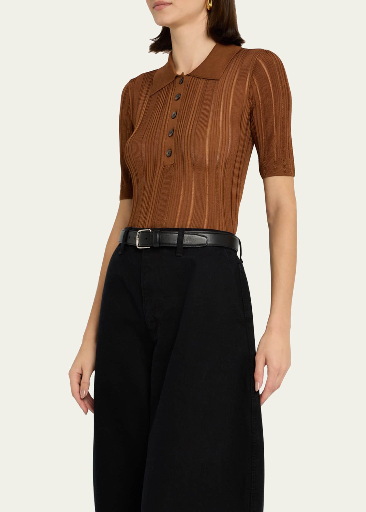FRAME Laddered Rib Short-Sleeve Polo Top Image 4 of 5