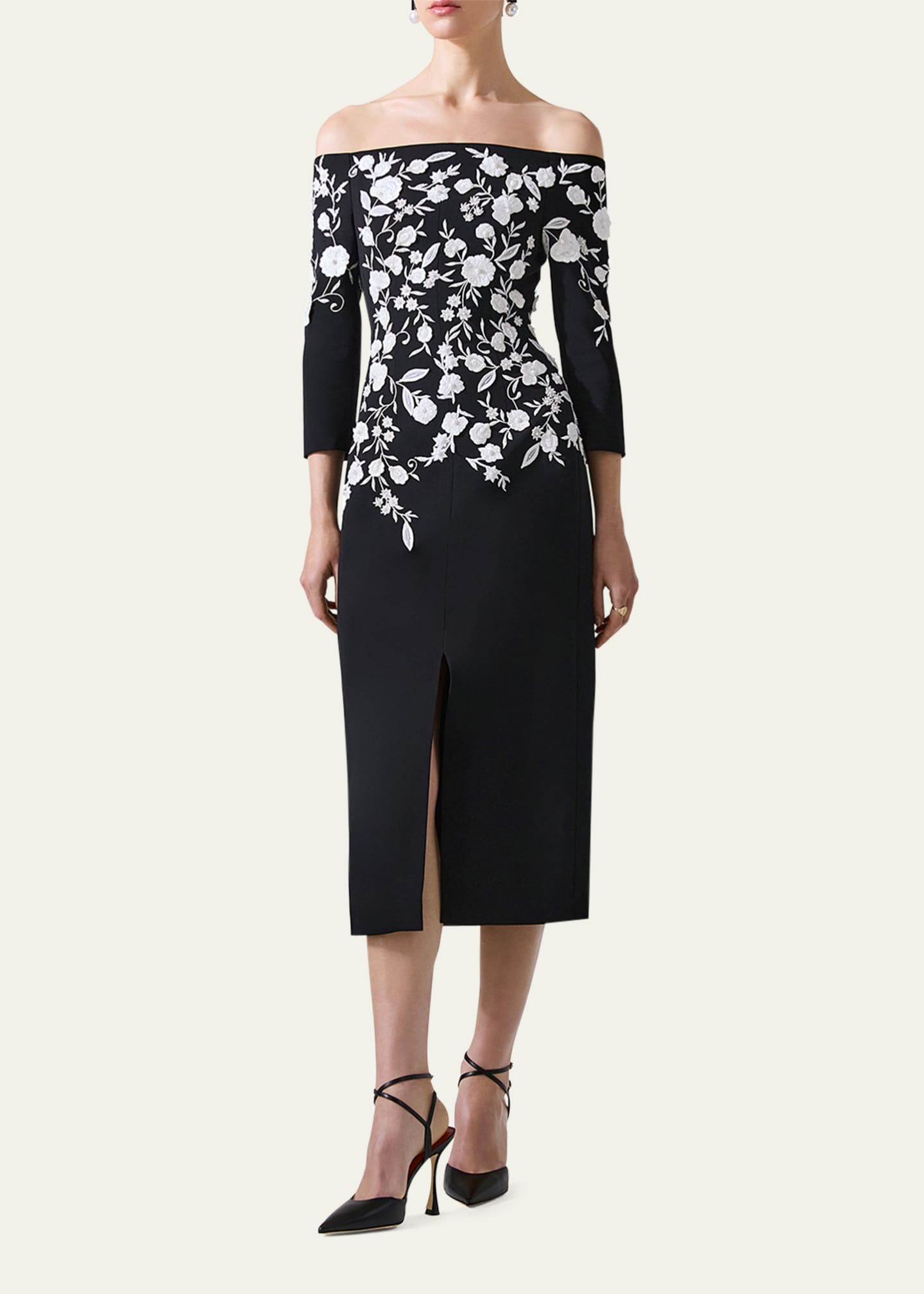 Carolina Herrera Floral Embroidered Off-Shoulder Midi Dress Image 2 of 3