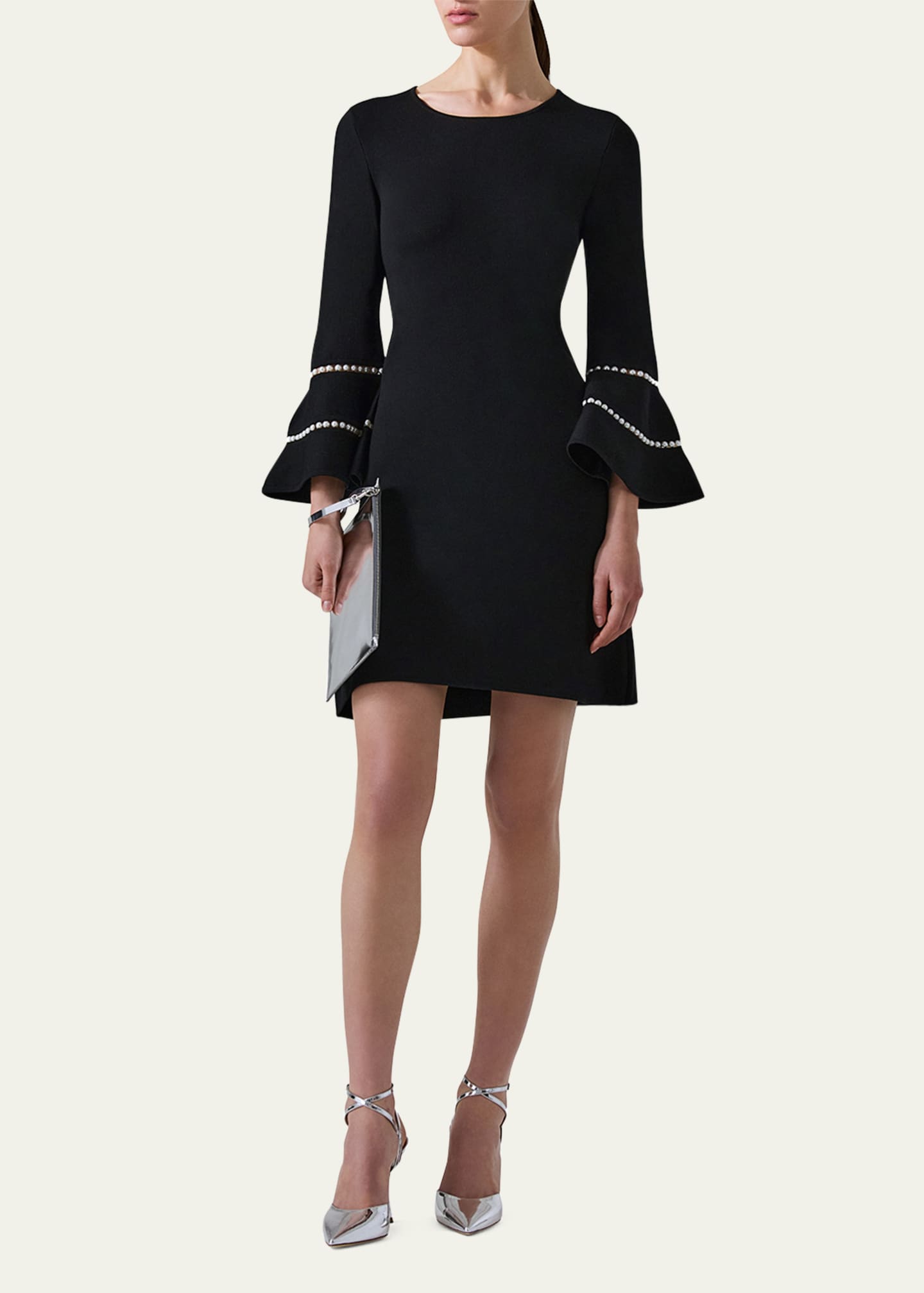 Carolina Herrera Three-Quarter Ruffle Sleeve Mini Dress with Inset Pearl Detail Image 2 of 3