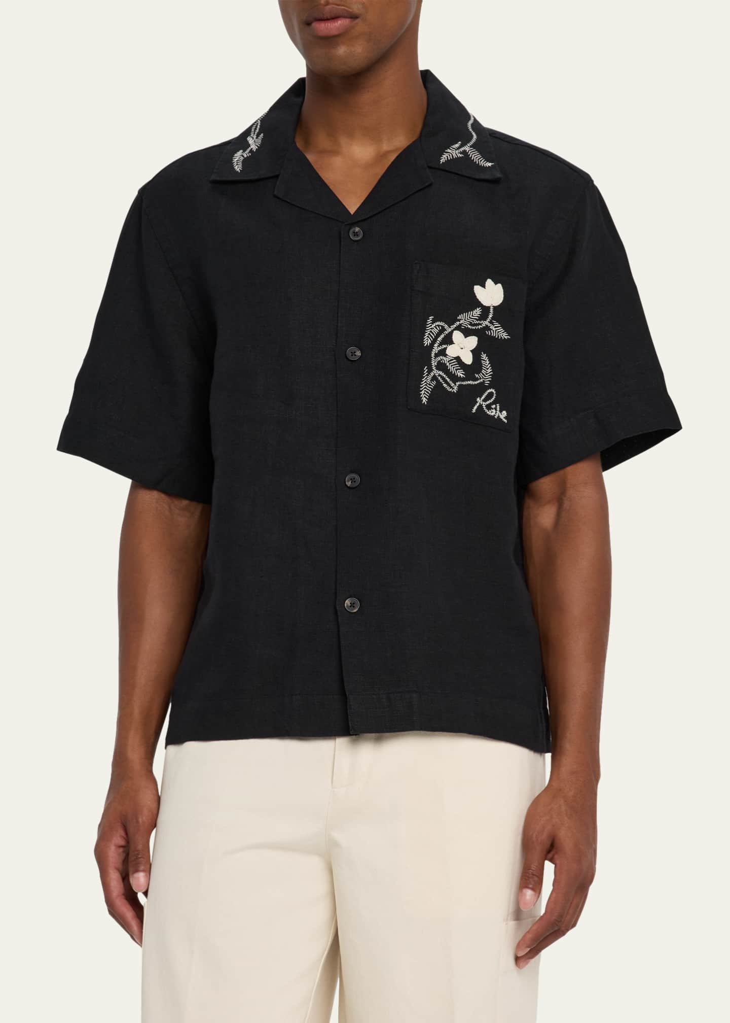 Rohe Men's Embroidered Linen Camp Shirt Image 4 of 5
