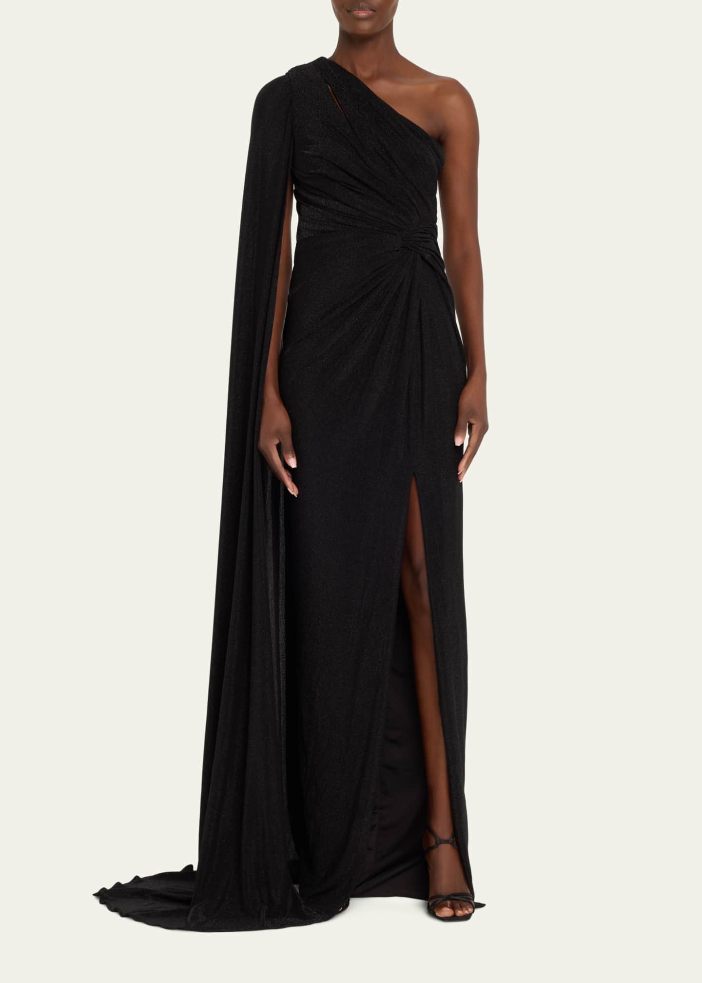 Pamella Roland Metallic Jersey Cape-Sleeve Gown Image 2 of 5