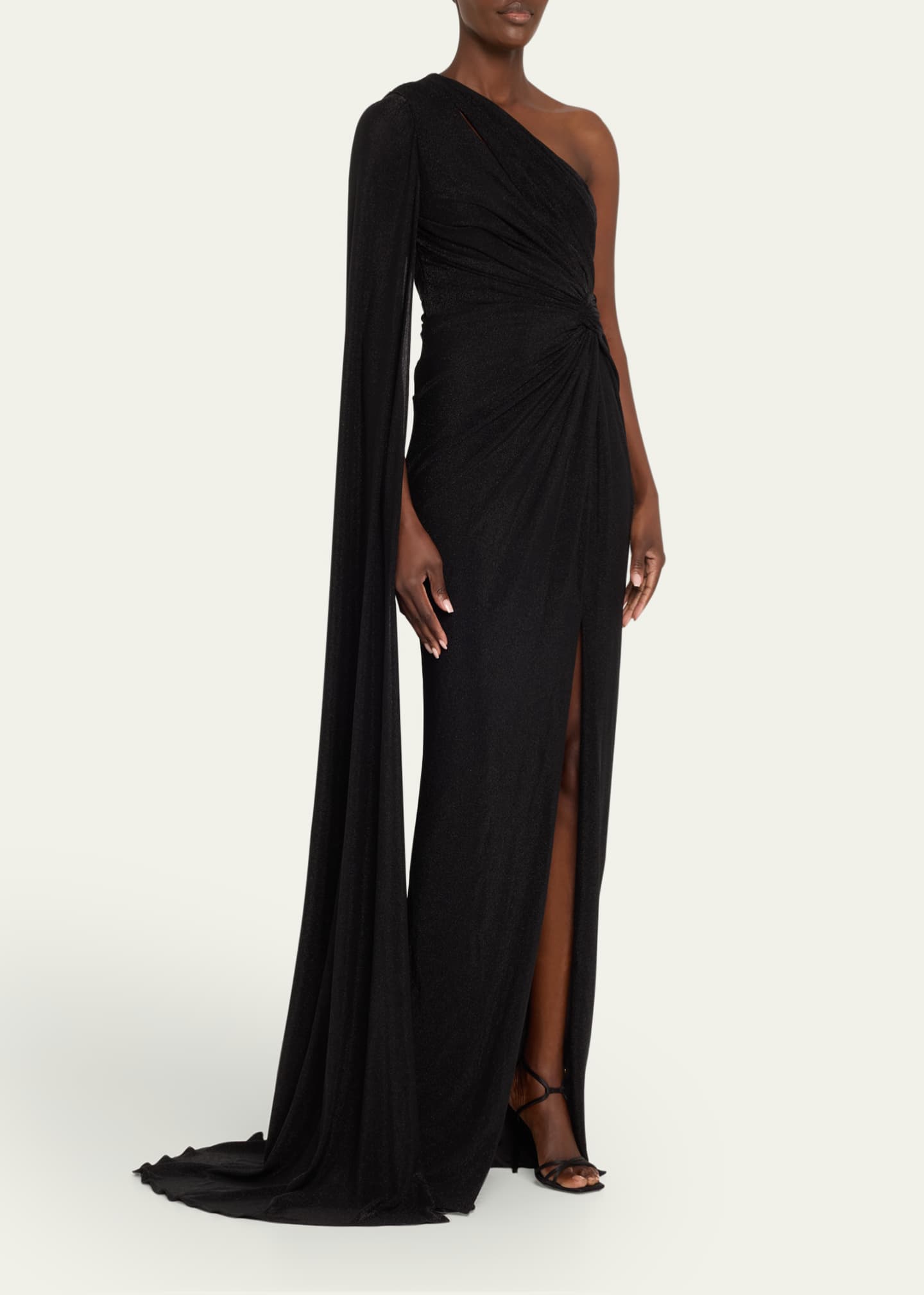 Pamella Roland Metallic Jersey Cape-Sleeve Gown Image 4 of 5