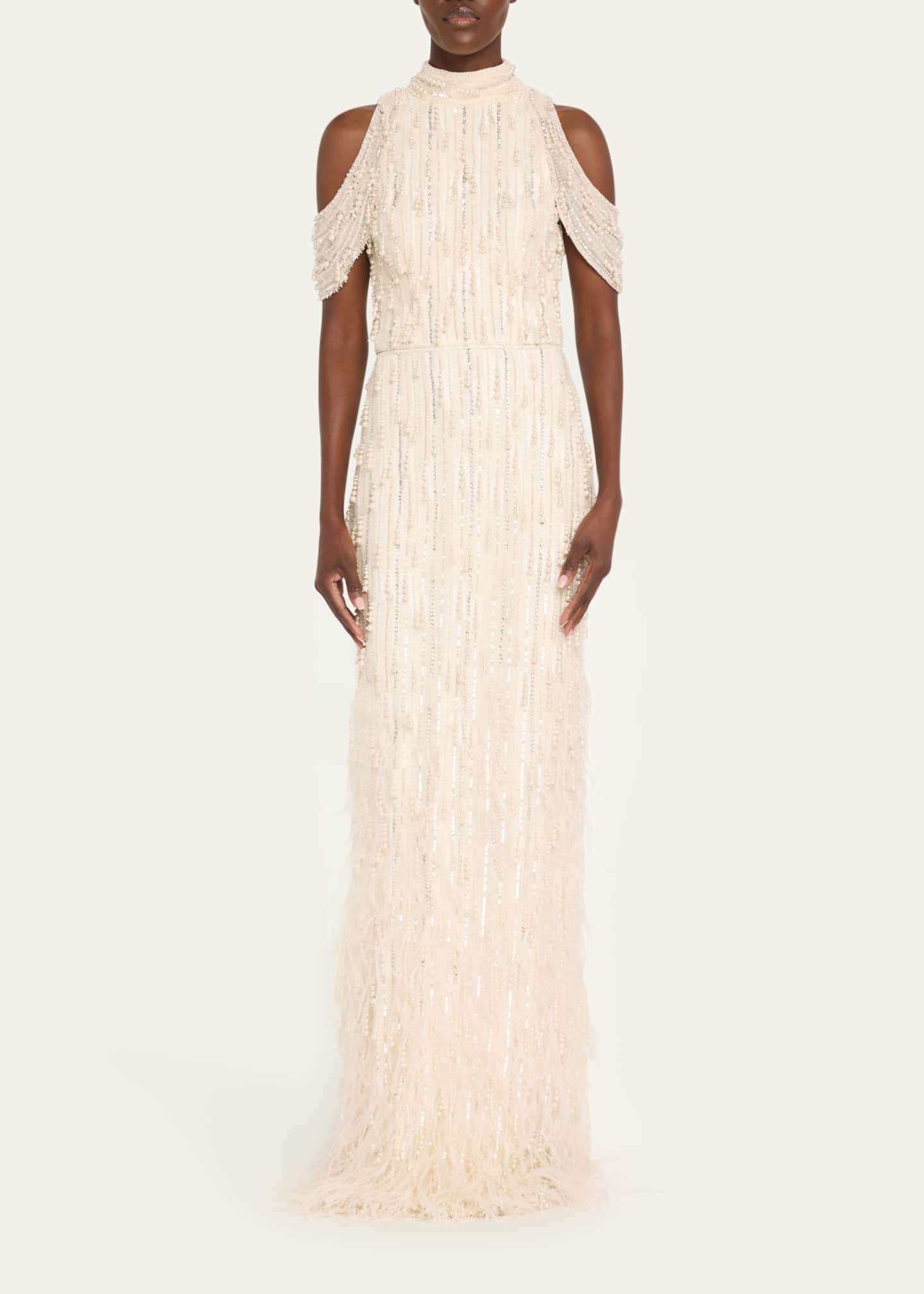 Pamella Roland Fringe Beaded Cold-Shoulder Tulle Gown Image 2 of 5